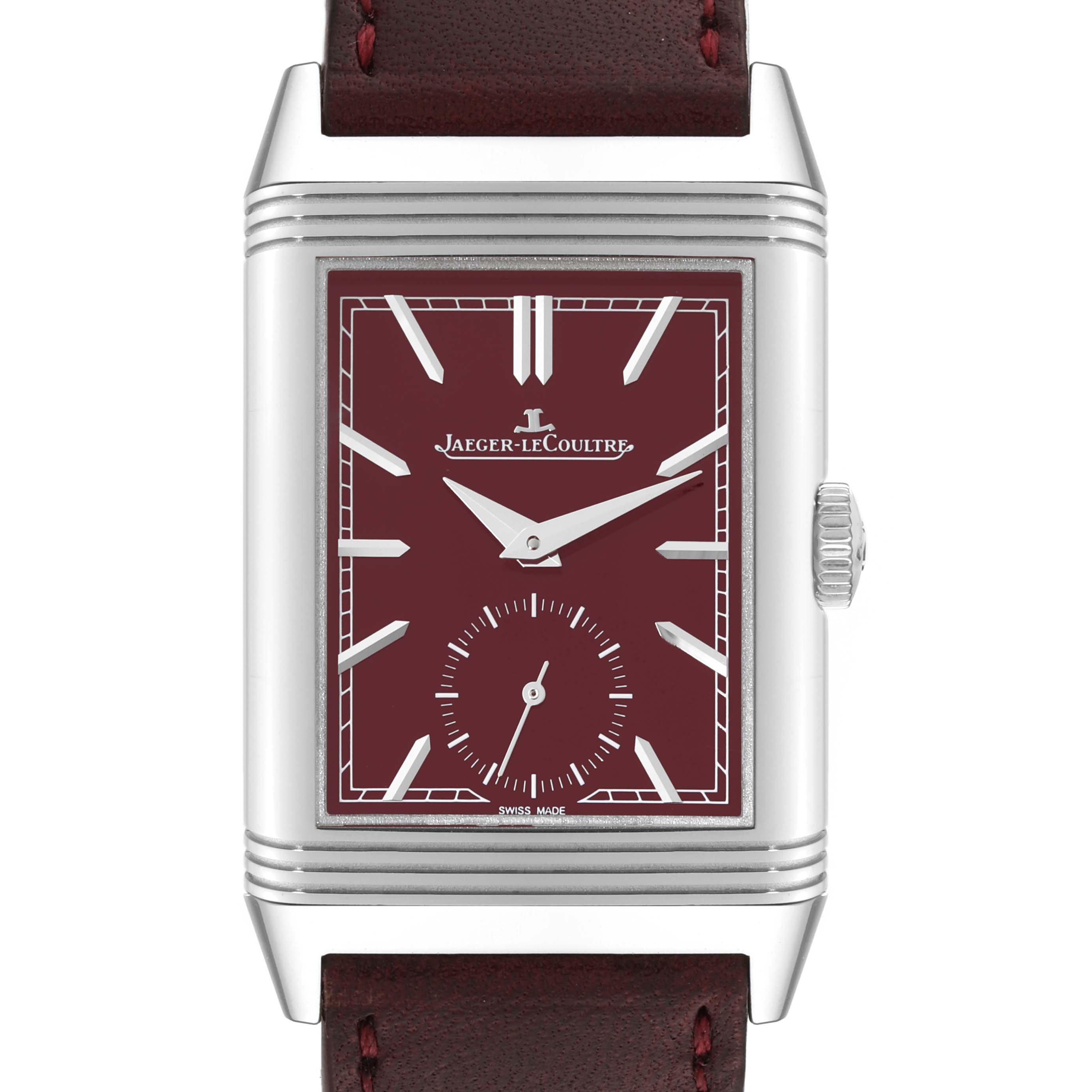 This image shows a front view of a Jaeger LeCoultre Reverso Q397846J Men's Stainless Steel Red Dial Q397846J Men's Stainless Steel Red Dial watch with a burgundy dial and silver hands.