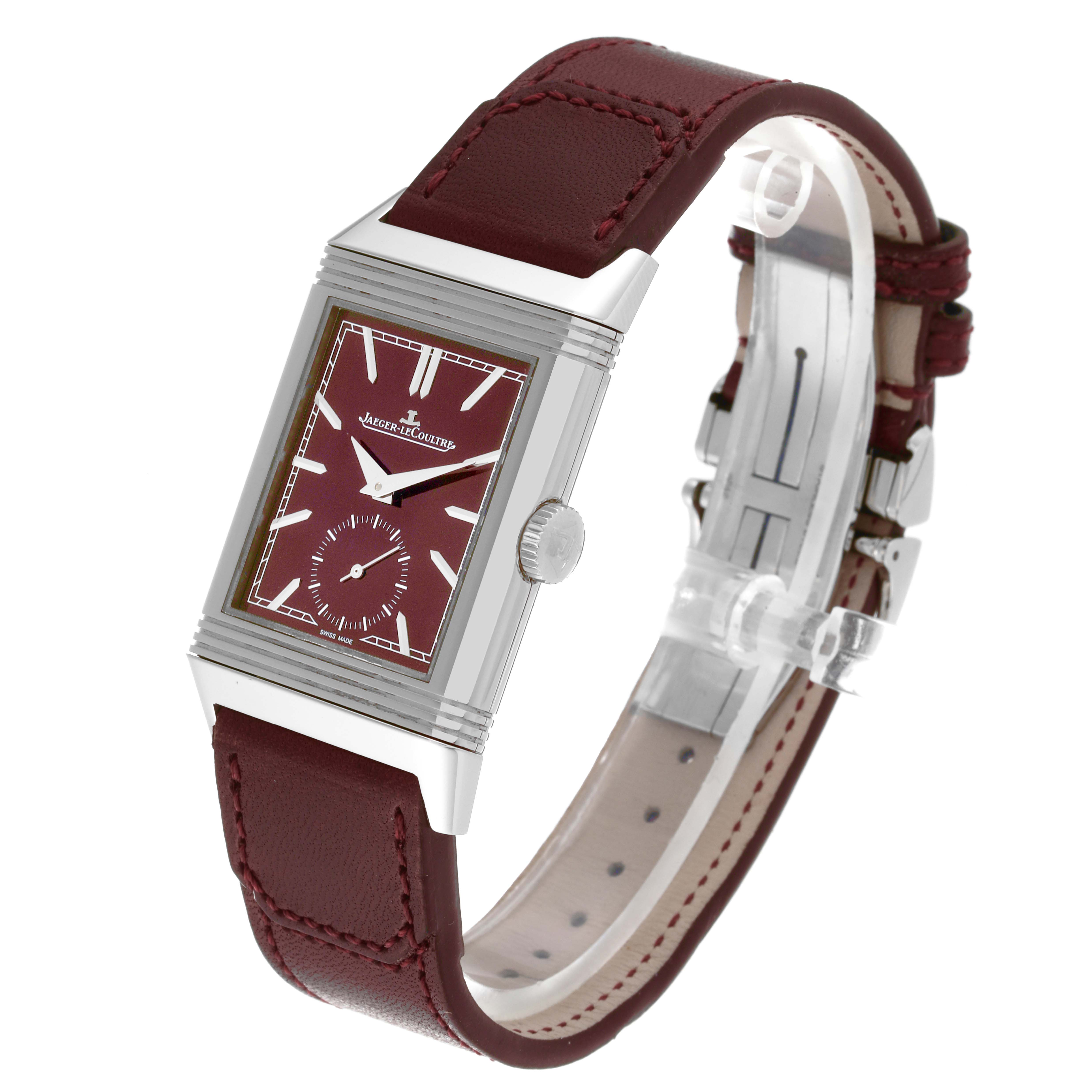 The image shows a Jaeger LeCoultre Reverso Q397846J Men's Stainless Steel Red Dial Q397846J Men's Stainless Steel Red Dial watch at a slight angle, highlighting its rectangular case, maroon dial, and leather strap.