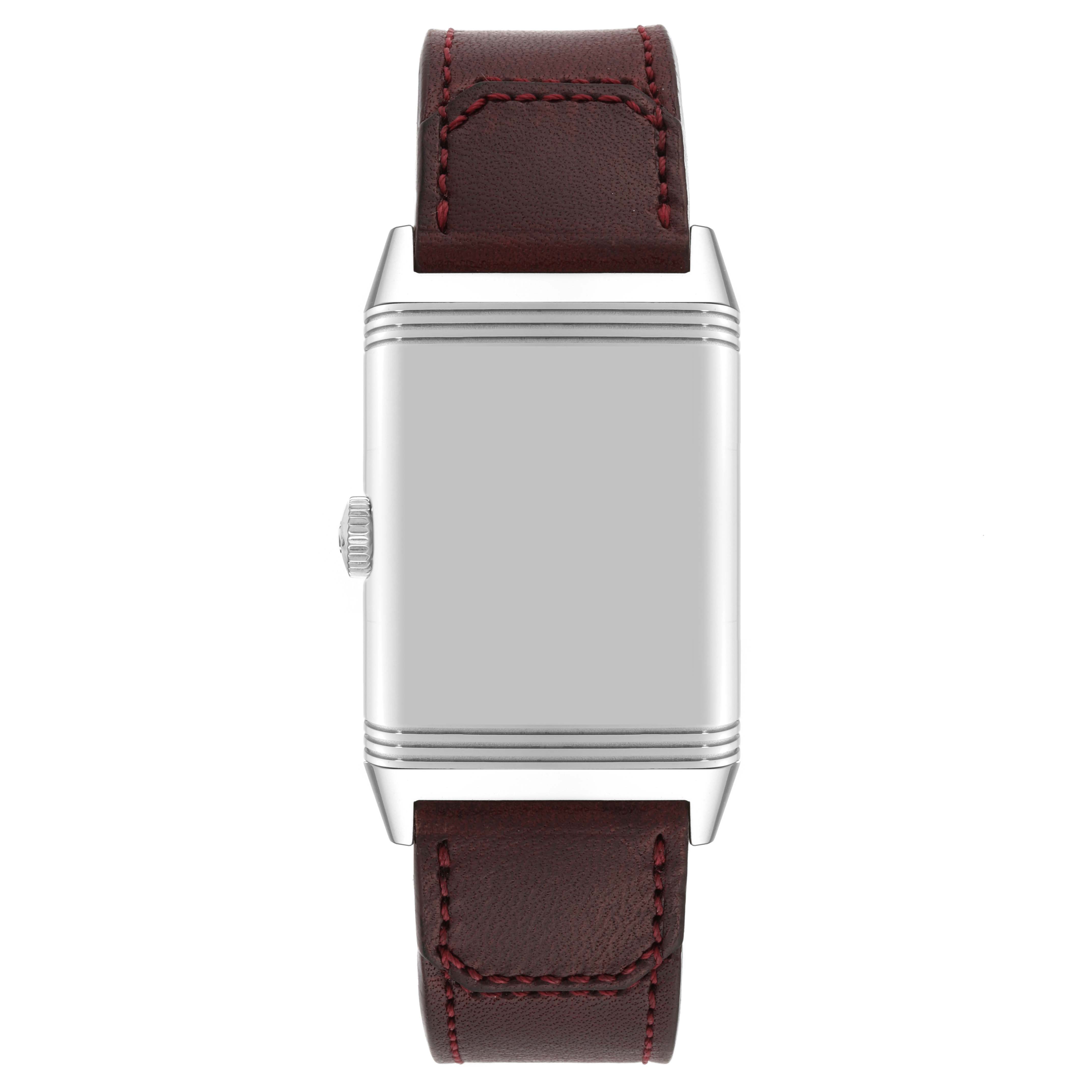 This image shows a front view of the Jaeger LeCoultre Reverso Q397846J Men's Stainless Steel Red Dial Q397846J Men's Stainless Steel Red Dial watch with its case and leather strap visible.