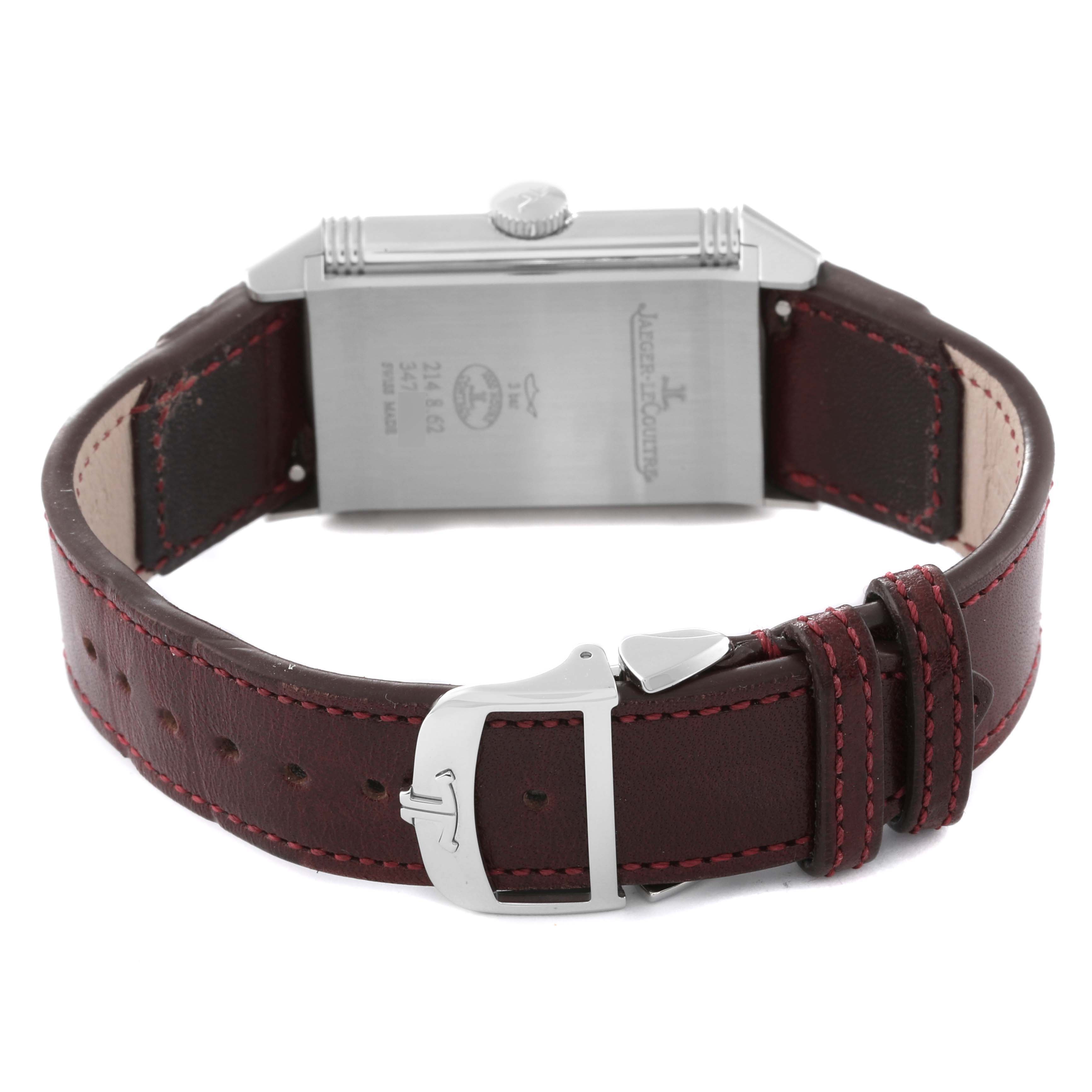 The image shows the back side of a Jaeger LeCoultre Reverso Q397846J Men's Stainless Steel Red Dial Q397846J Men's Stainless Steel Red Dial watch, highlighting the case back, crown, and leather strap with buckle.