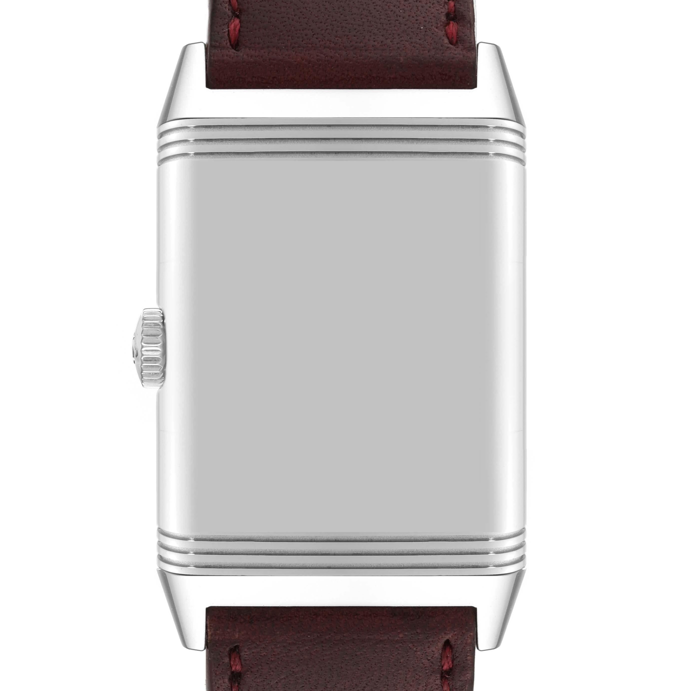 The image shows the front view of a Jaeger LeCoultre Reverso Q397846J Men's Stainless Steel Red Dial Q397846J Men's Stainless Steel Red Dial watch, displaying its case and a portion of its leather strap.