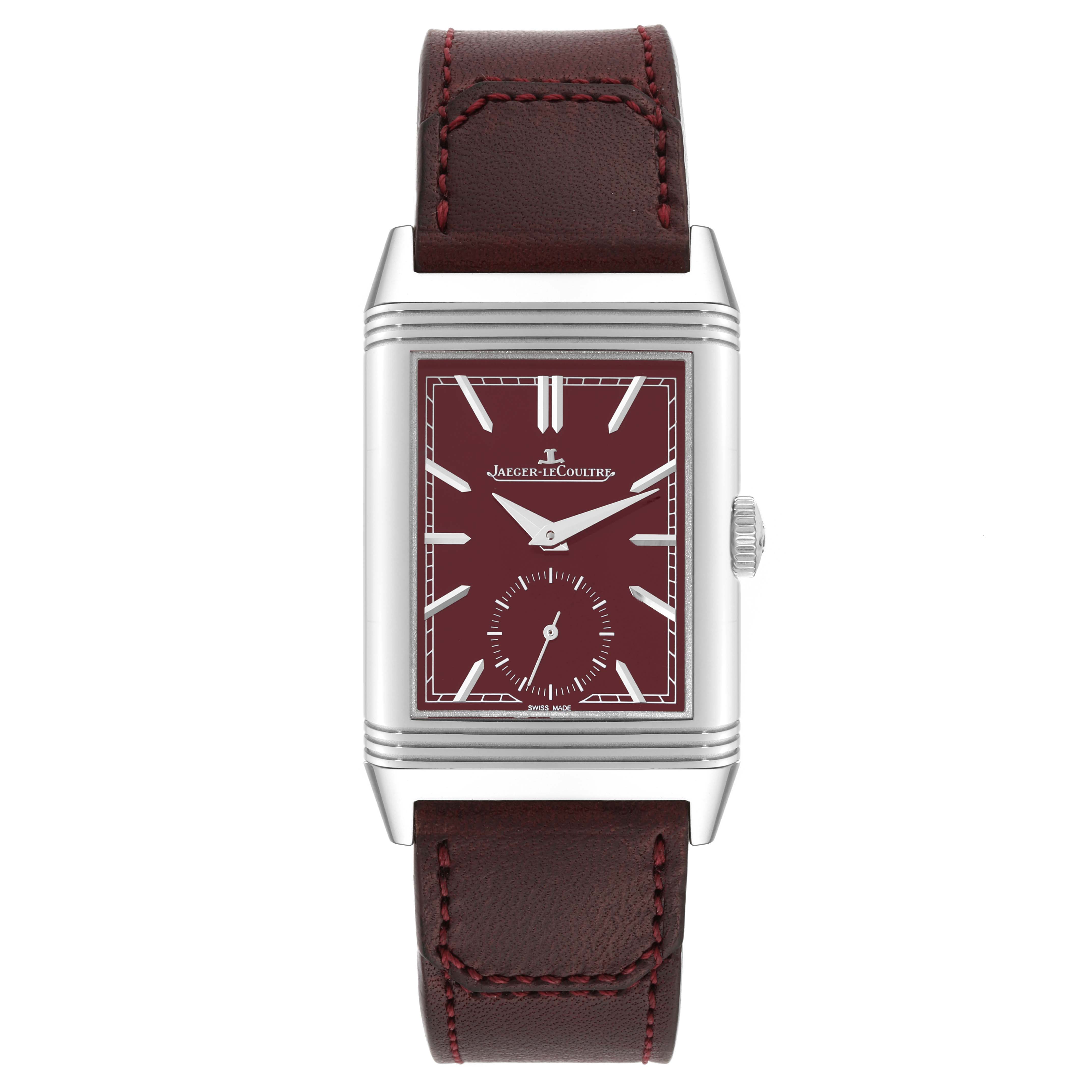 The image shows a front view of a Jaeger LeCoultre Reverso Q397846J Men's Stainless Steel Red Dial Q397846J Men's Stainless Steel Red Dial watch, highlighting its rectangular dial and brown leather strap.