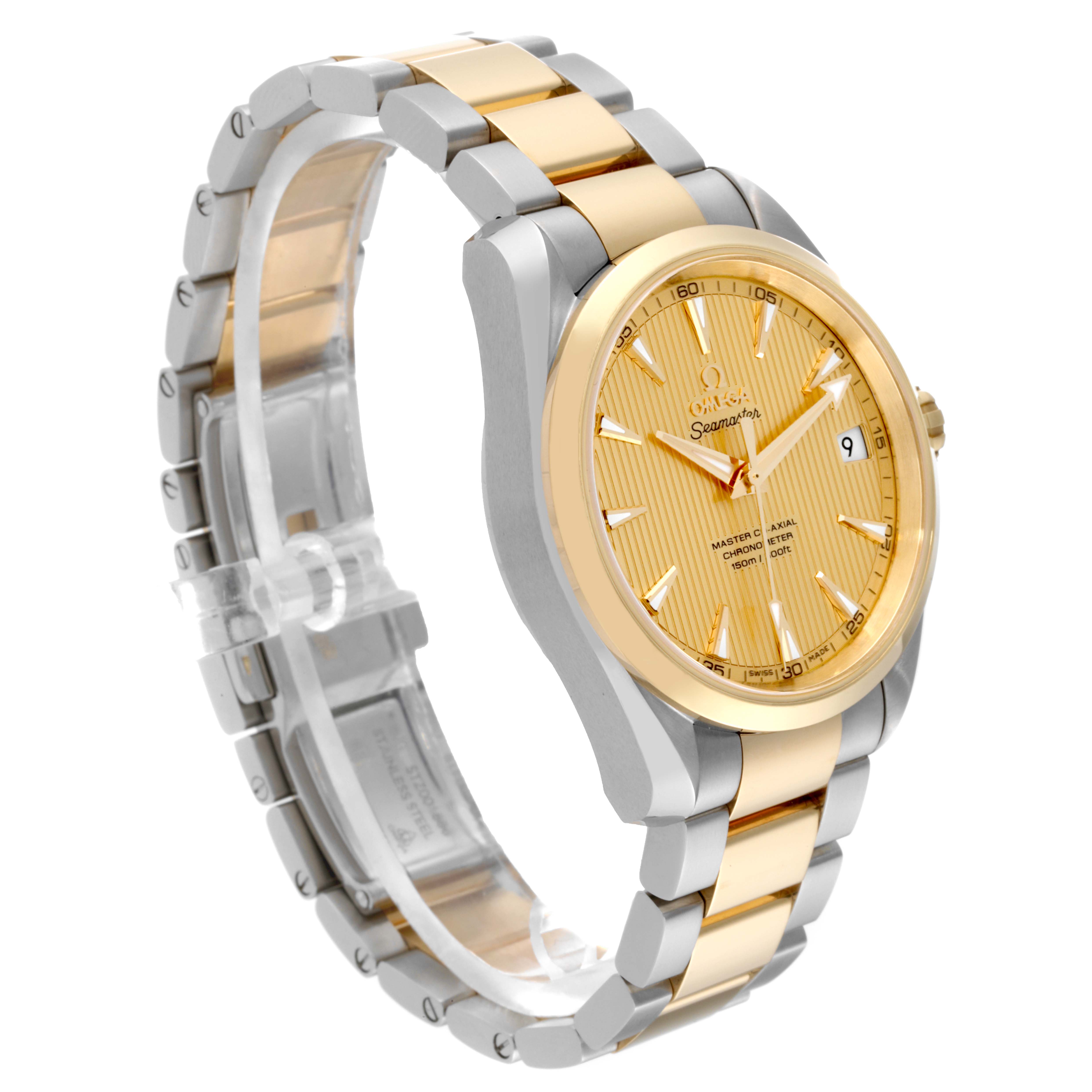 The Omega Aqua Terra 231.20.39.21.08.001 Men's Steel and Gold (two tone) Champagne Dial 231.20.39.21.08.001 Men's Steel and Gold (two tone) Champagne Dial watch is shown at an angled side view, highlighting the gold and silver strap, gold bezel, and detailed gold dial.