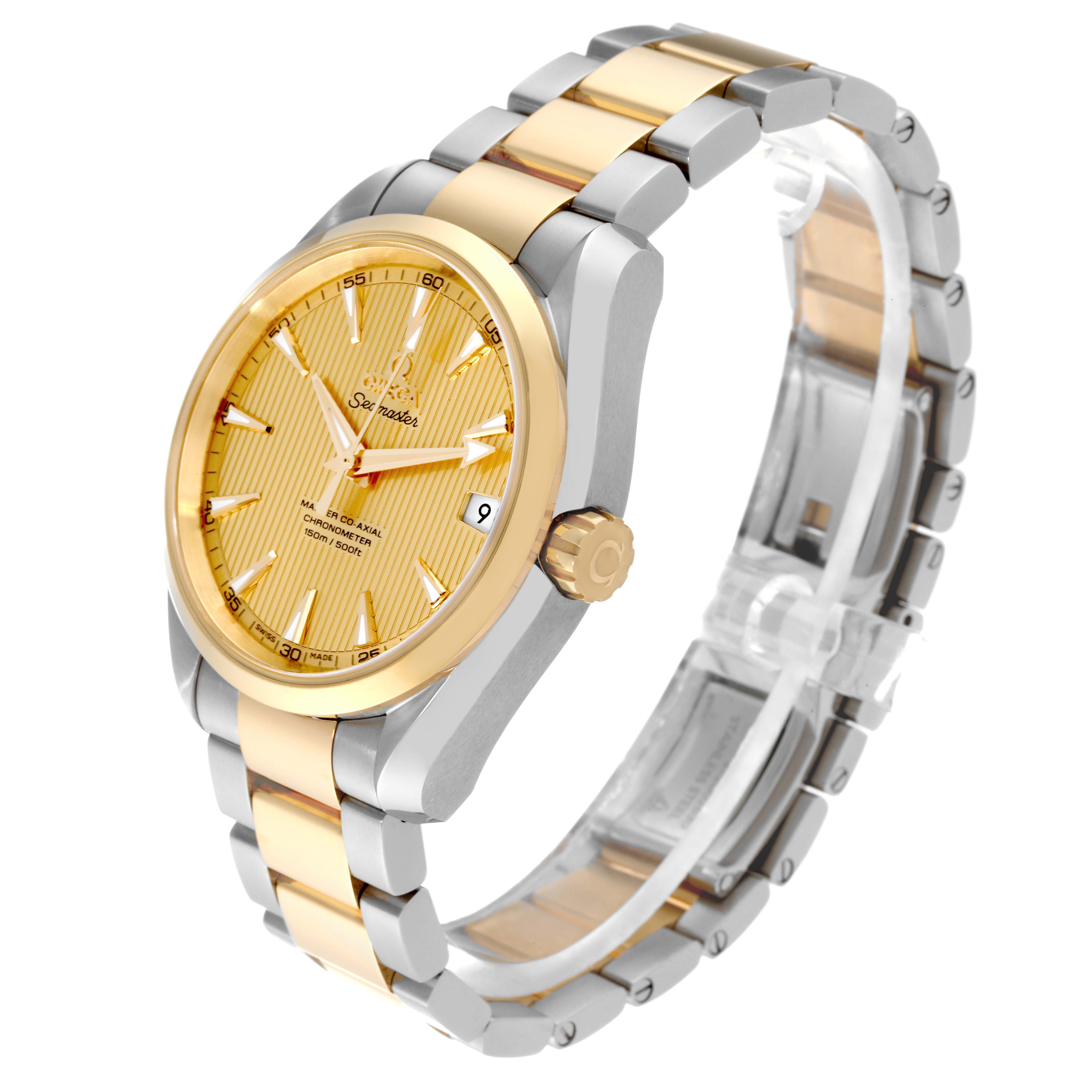 The Omega Aqua Terra 231.20.39.21.08.001 Men's Steel and Gold (two tone) Champagne Dial 231.20.39.21.08.001 Men's Steel and Gold (two tone) Champagne Dial watch is shown at a three-quarter angled view, highlighting its golden dial, bezel, and two-tone bracelet.