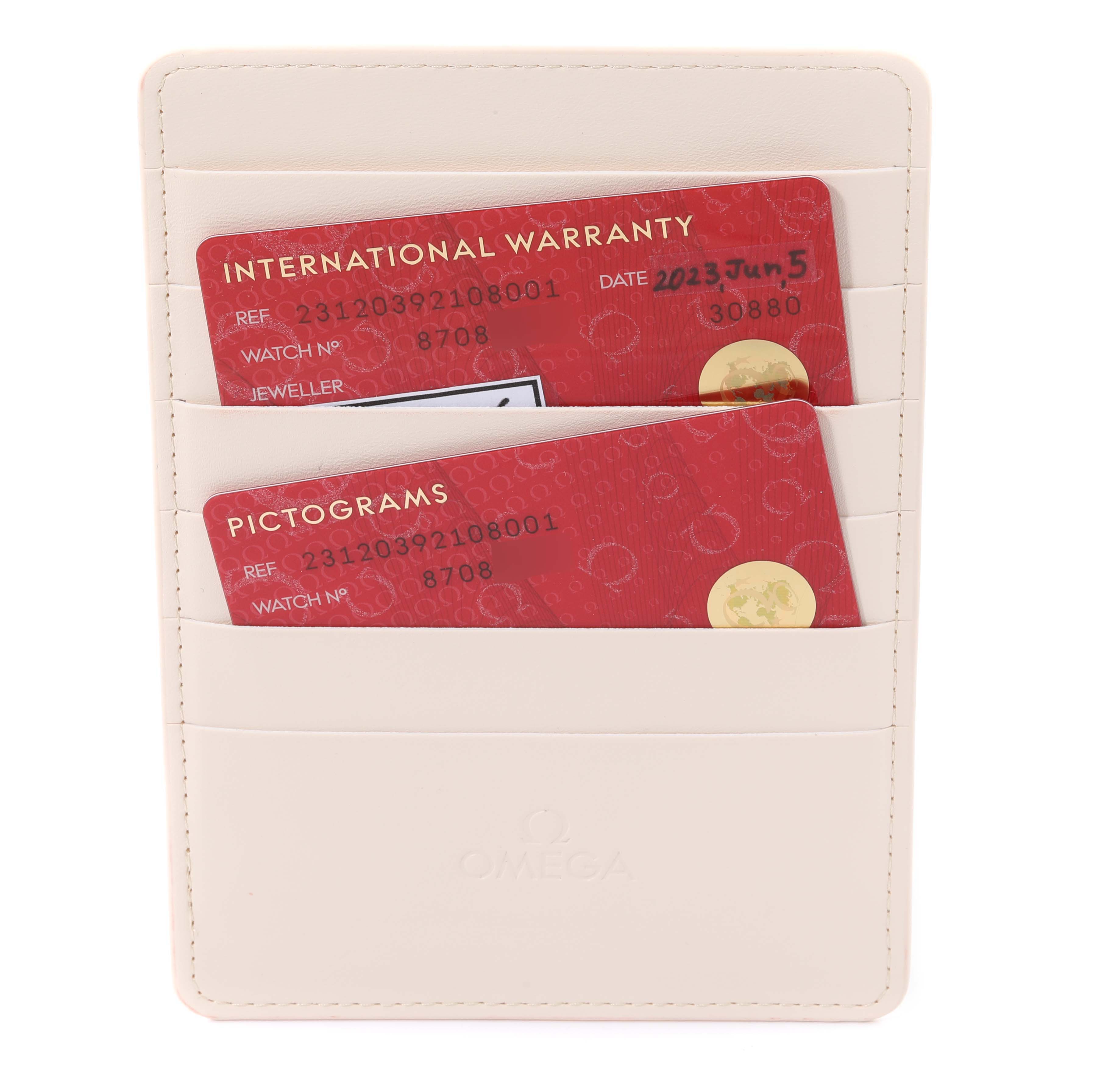 The image shows Omega Aqua Terra 231.20.39.21.08.001 Men's Steel and Gold (two tone) Champagne Dial 231.20.39.21.08.001 Men's Steel and Gold (two tone) Champagne Dial model warranty and pictogram cards in a cream-colored cardholder.