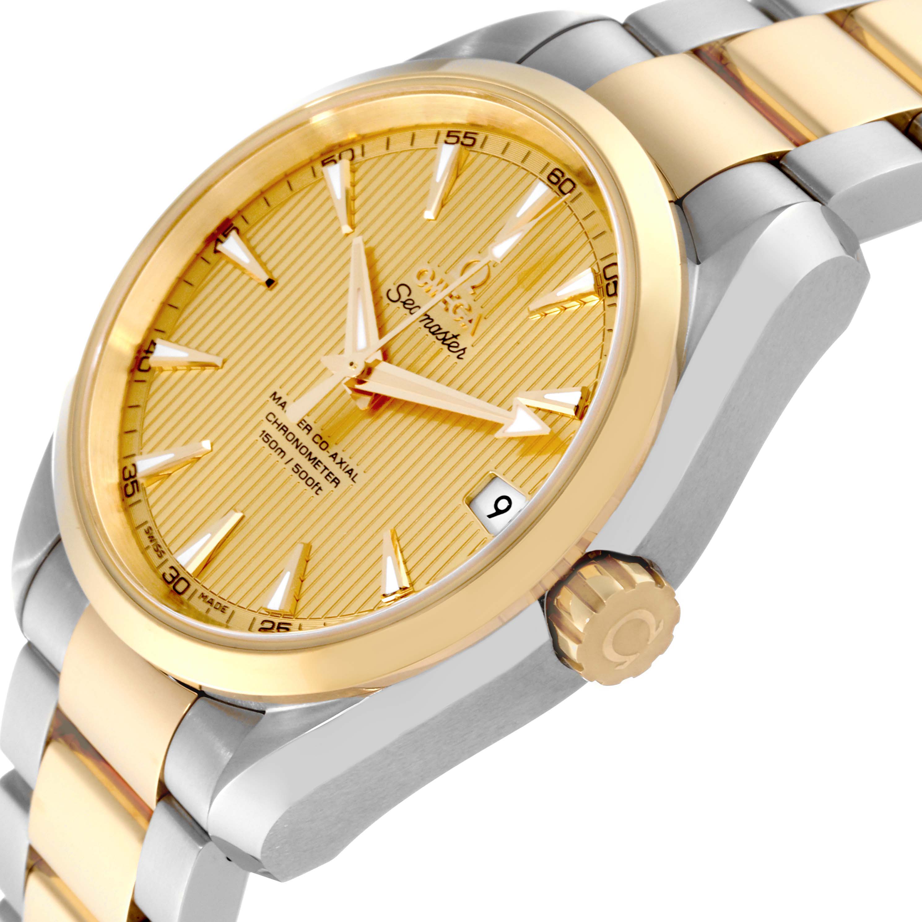 The image shows a side angle of the Omega Aqua Terra 231.20.39.21.08.001 Men's Steel and Gold (two tone) Champagne Dial 231.20.39.21.08.001 Men's Steel and Gold (two tone) Champagne Dial watch, highlighting the dial, crown, and bracelet.