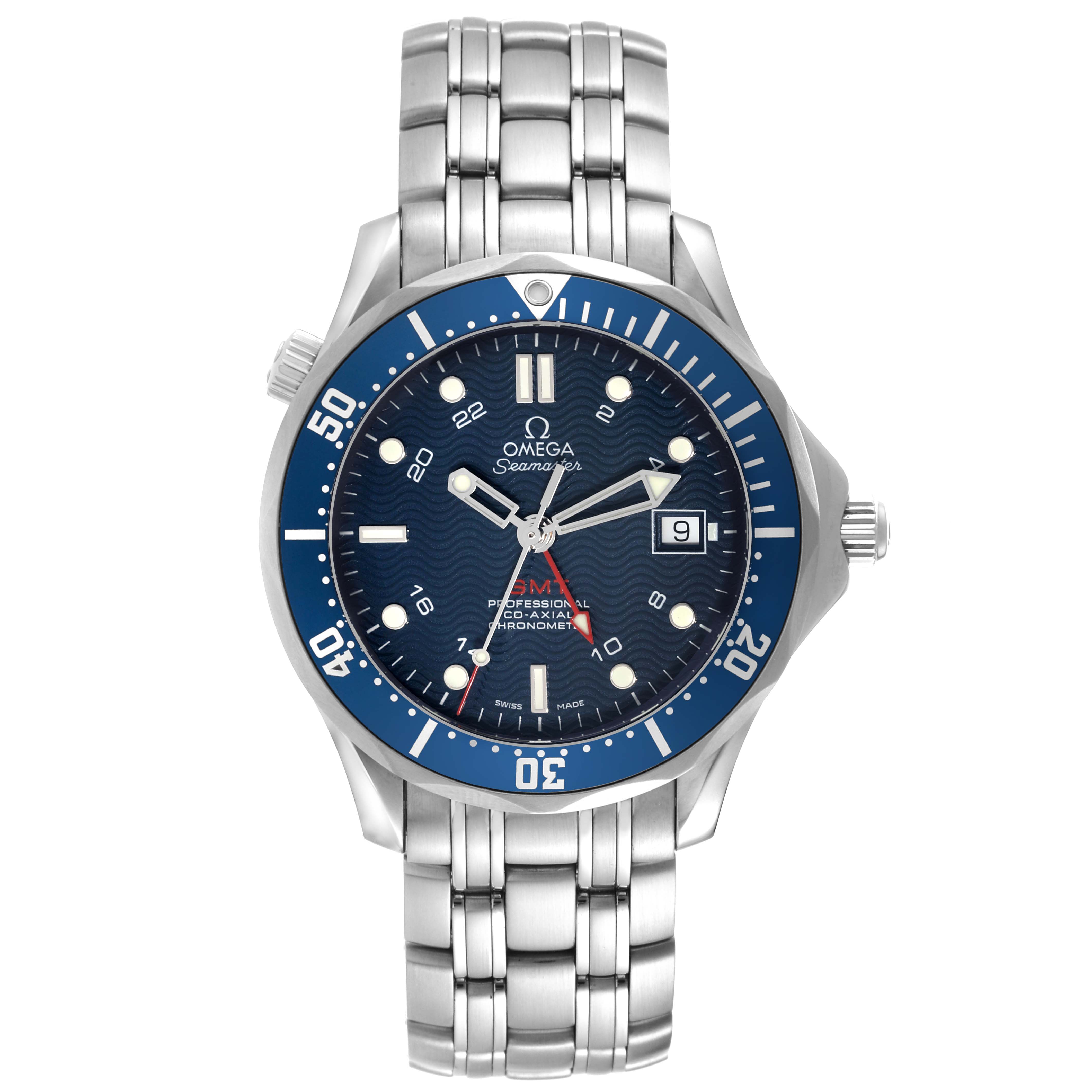 The image shows a frontal view of the Omega Seamaster 2535.80.00 Men
s Stainless Steel Blue Dial 2535.80.00 Men
s Stainless Steel Blue Dial watch, highlighting its blue dial, bezel, and stainless steel bracelet.