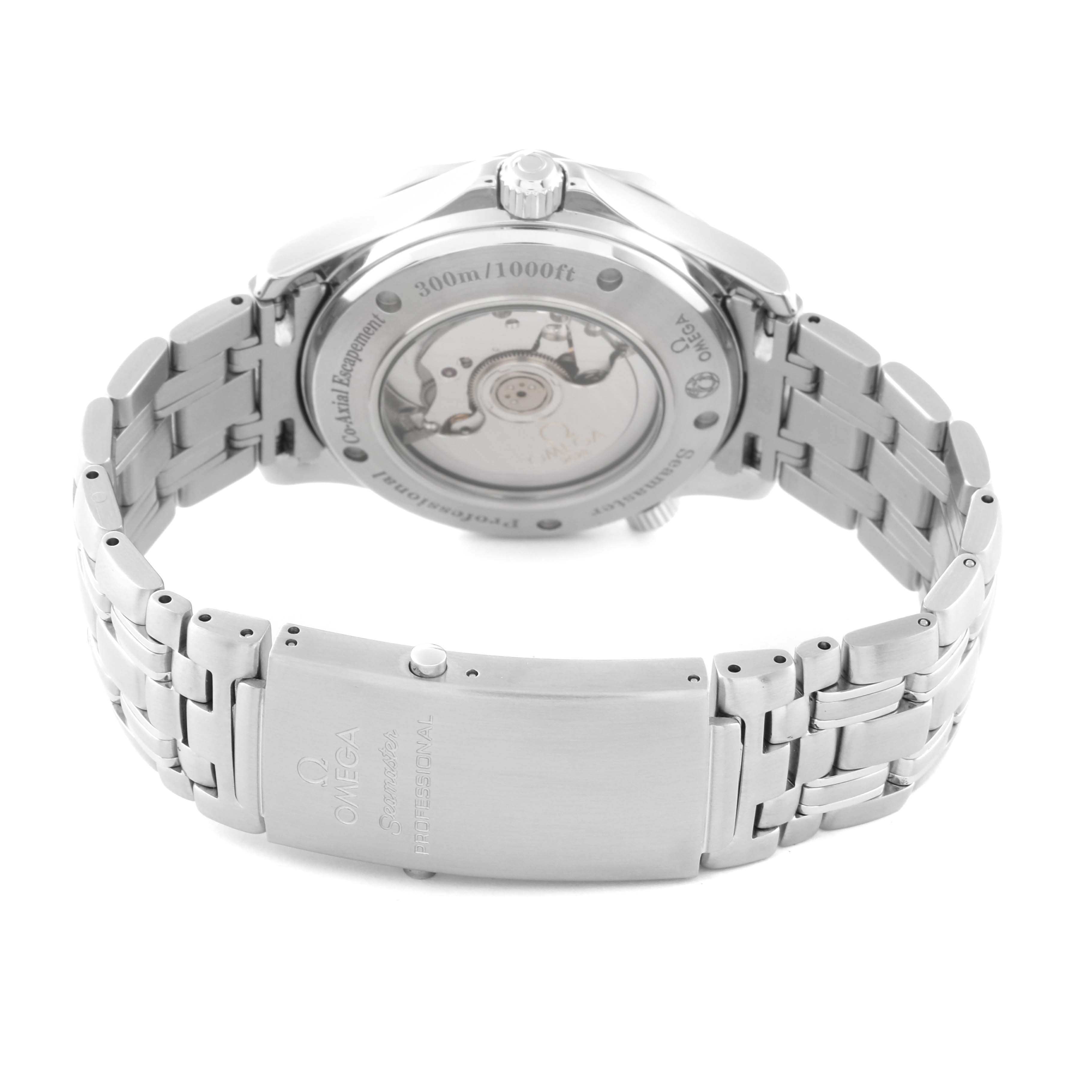 This is a rear view of the Omega Seamaster 2535.80.00 Men
s Stainless Steel Blue Dial 2535.80.00 Men
s Stainless Steel Blue Dial watch, focusing on the exposed movement, case back, and bracelet clasp.