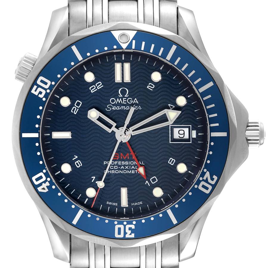 The image shows a front view of an Omega Seamaster watch, highlighting its dial, bezel, crown, and bracelet.