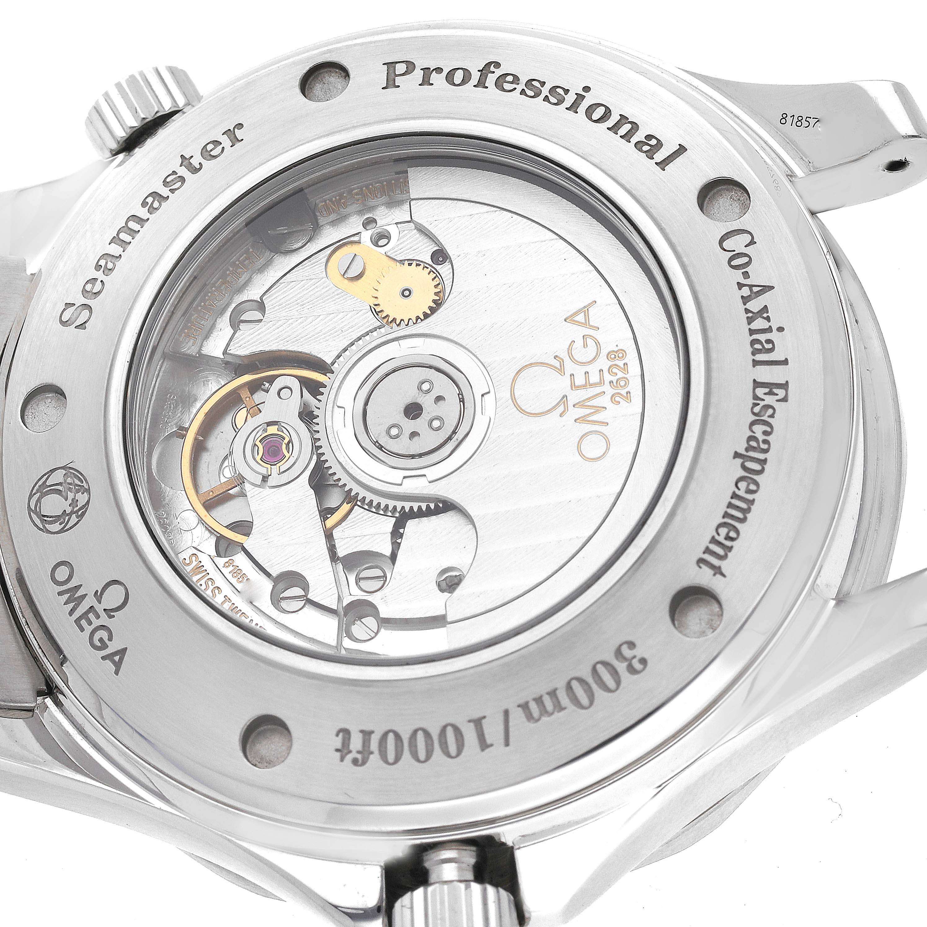 The image shows the back of an Omega Seamaster 2535.80.00 Men
s Stainless Steel Blue Dial 2535.80.00 Men
s Stainless Steel Blue Dial watch, highlighting its Co-Axial escapement mechanism and inscriptions.