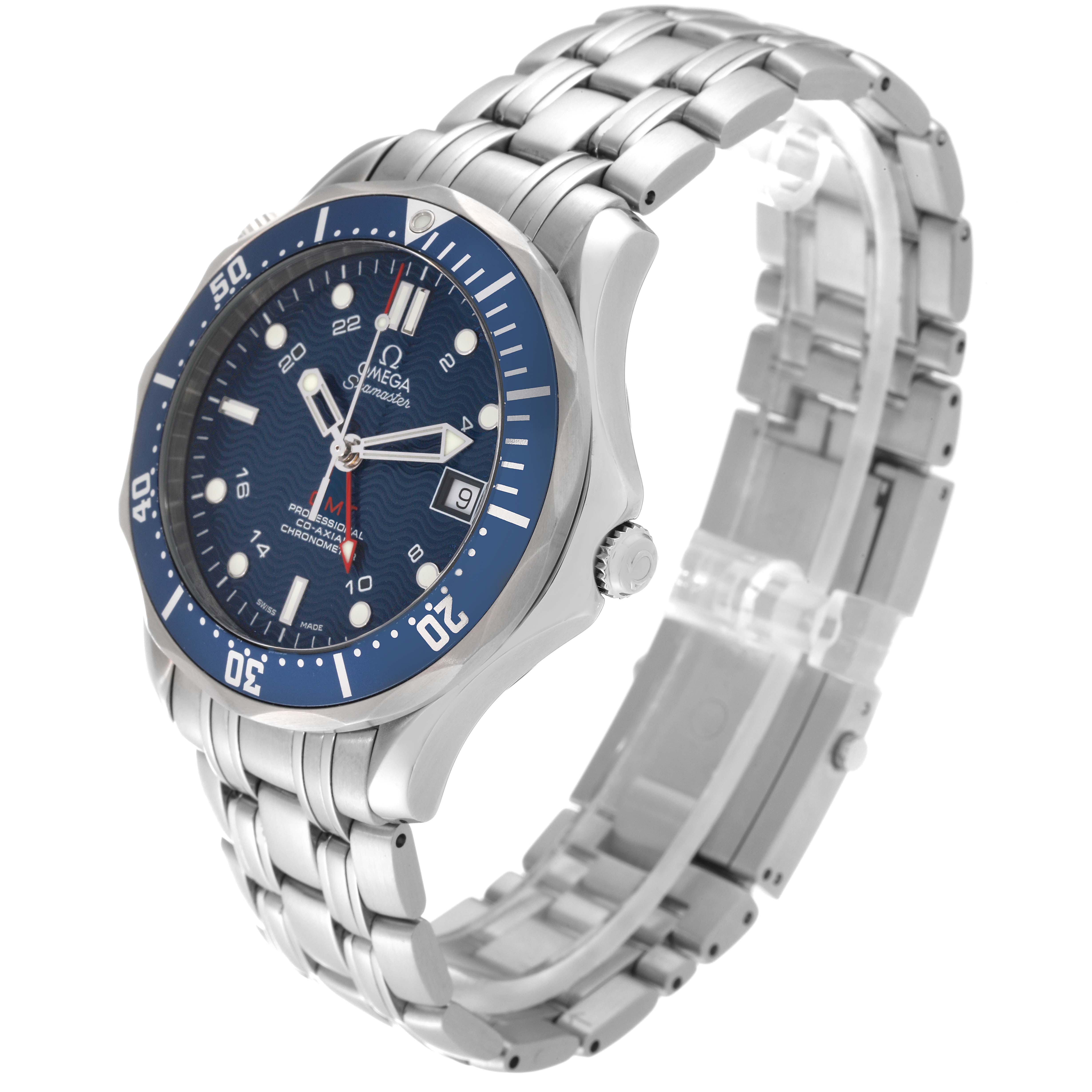 The Omega Seamaster 2535.80.00 Men
s Stainless Steel Blue Dial 2535.80.00 Men
s Stainless Steel Blue Dial watch is shown at an angle revealing the face, bezel, crown, and part of the stainless steel bracelet.