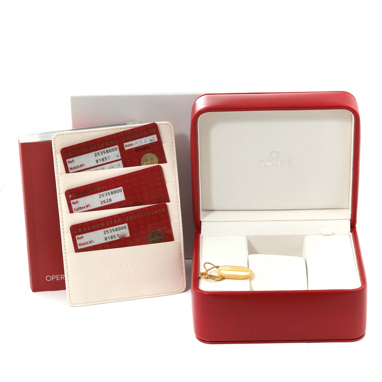 The image shows an Omega Seamaster 2535.80.00 Men
s Stainless Steel Blue Dial 2535.80.00 Men
s Stainless Steel Blue Dial watch box, operating instructions, and cards for warranty, pictograms, and chronometer certification.