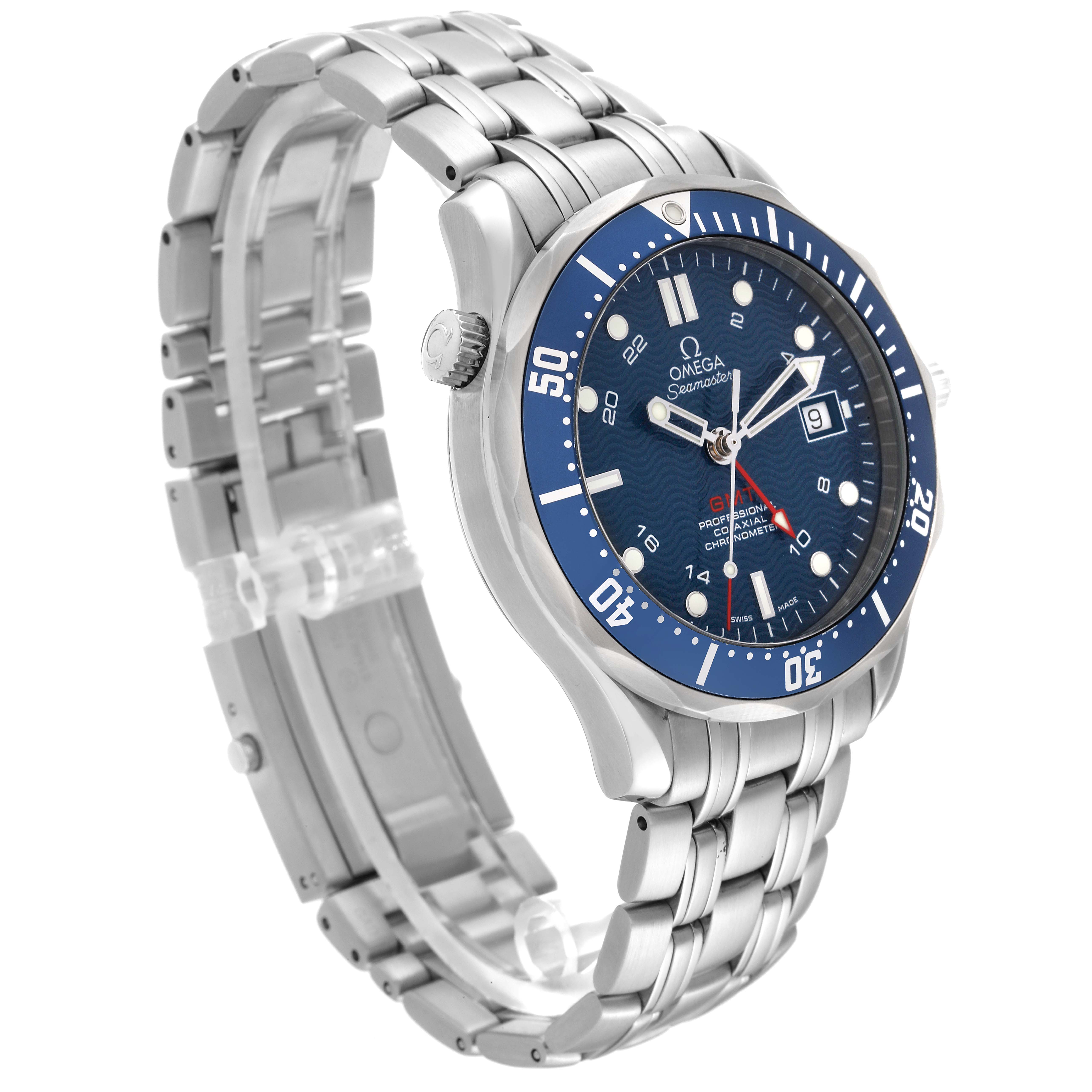 The Omega Seamaster 2535.80.00 Men
s Stainless Steel Blue Dial 2535.80.00 Men
s Stainless Steel Blue Dial watch is shown at a three-quarter angle, highlighting its blue dial, stainless steel band, and bezel.