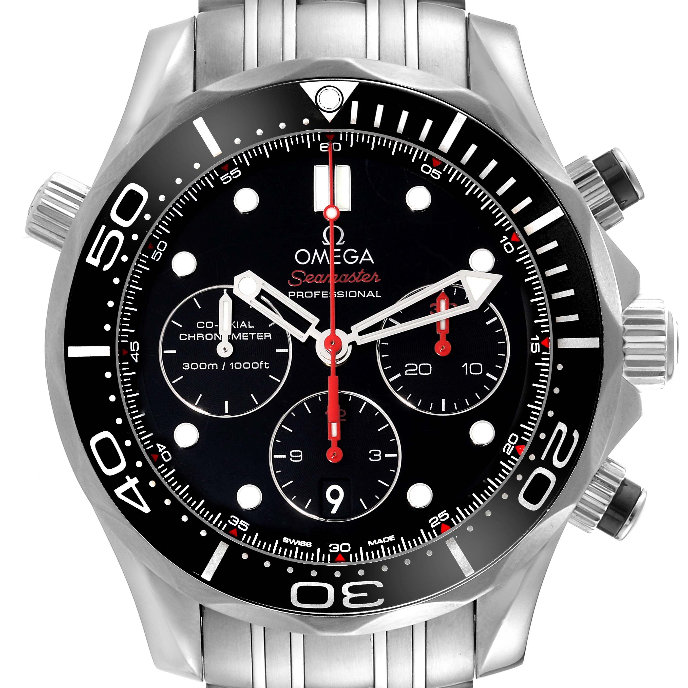 The image shows a frontal view of an Omega Seamaster 212.30.44.50.01.001 Men's Stainless Steel Black Dial 212.30.44.50.01.001 Men's Stainless Steel Black Dial watch, highlighting its dial, bezel, pushers, and part of the bracelet.