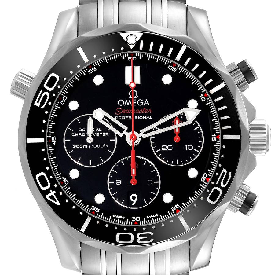 The image shows a frontal view of an Omega Seamaster watch, highlighting its dial, bezel, pushers, and part of the bracelet.