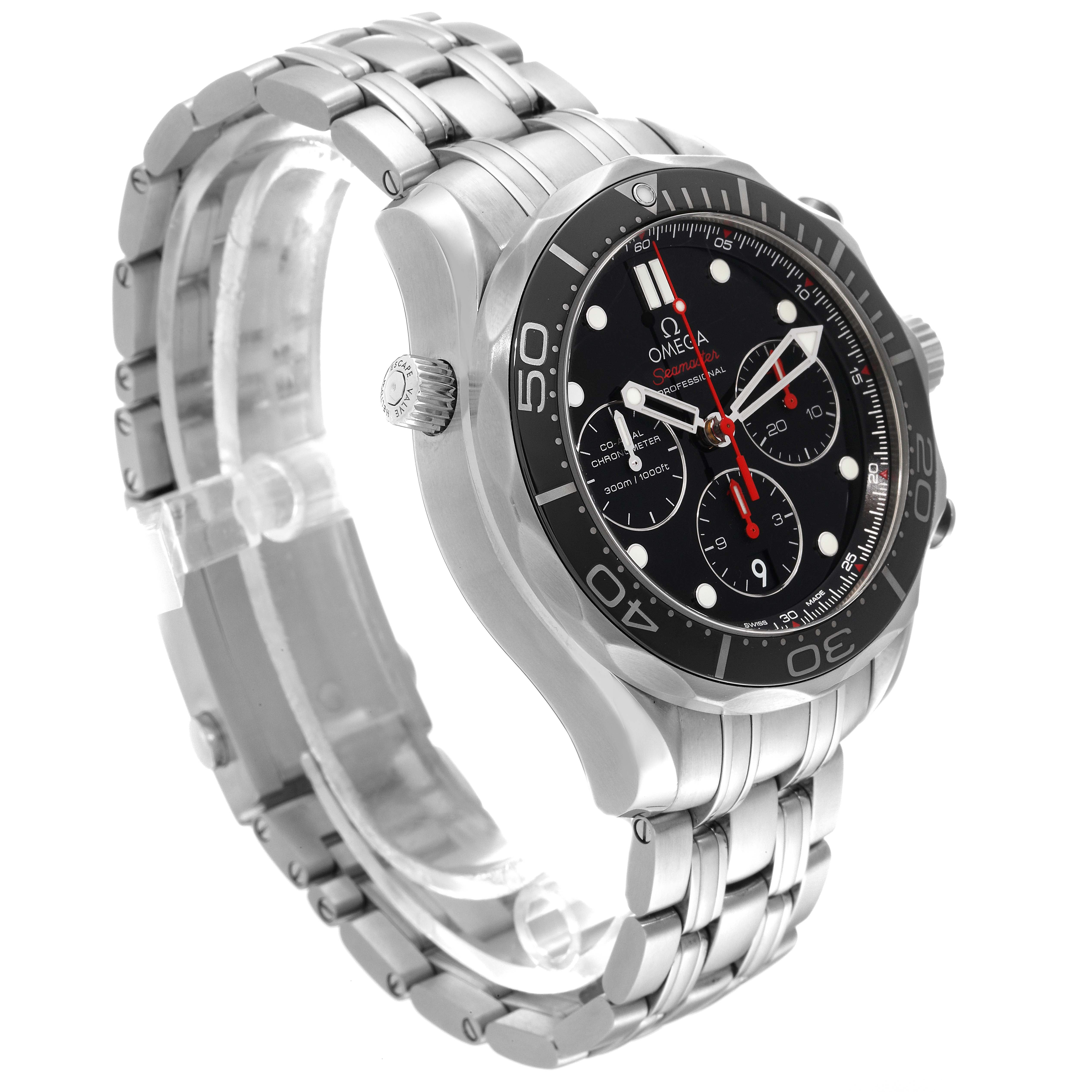 The Omega Seamaster 212.30.44.50.01.001 Men's Stainless Steel Black Dial 212.30.44.50.01.001 Men's Stainless Steel Black Dial watch is shown from a three-quarter angle, displaying the face, bezel, crown, and bracelet.