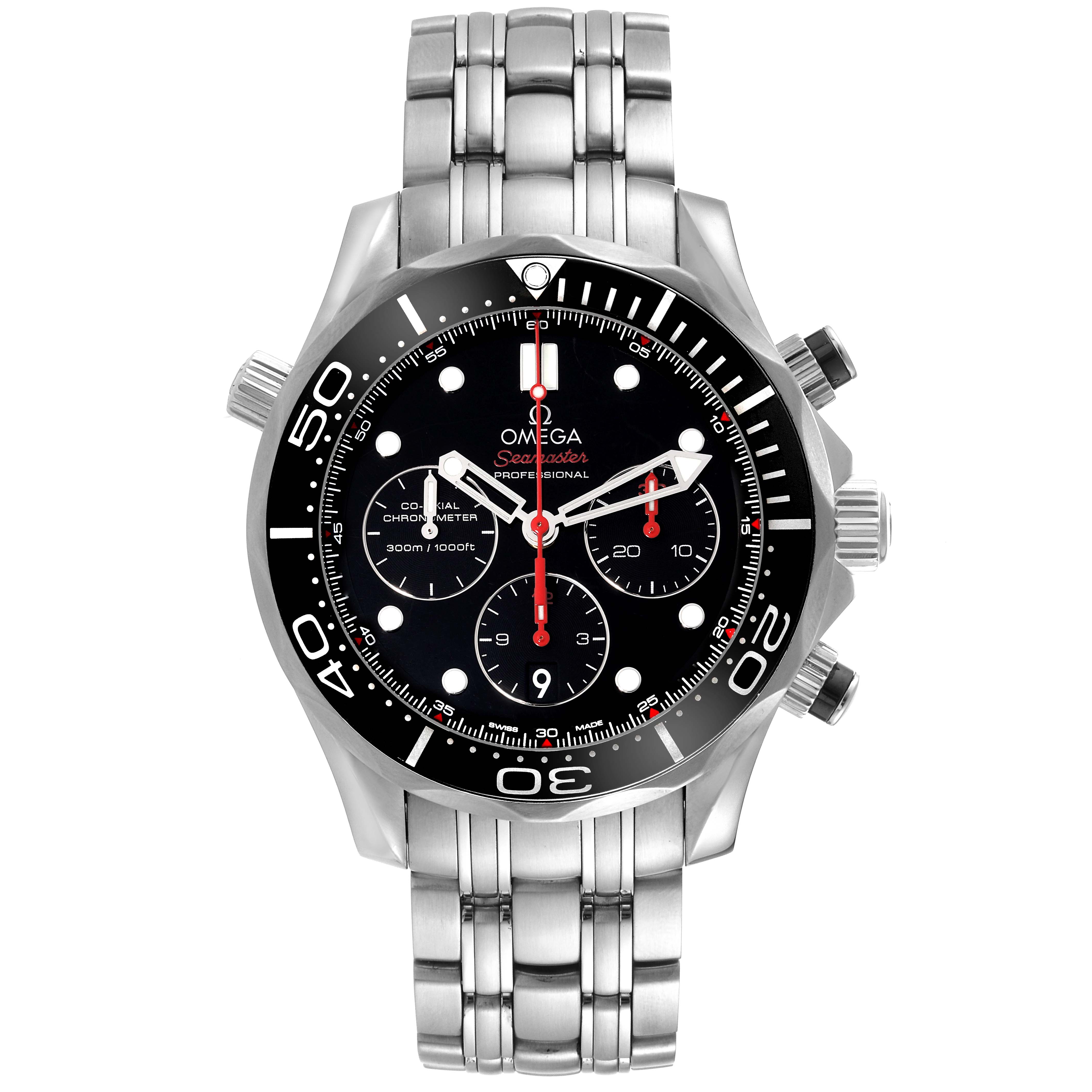 This image shows a frontal view of an Omega Seamaster 212.30.44.50.01.001 Men's Stainless Steel Black Dial 212.30.44.50.01.001 Men's Stainless Steel Black Dial watch, highlighting its dial, bezel, and metal bracelet.