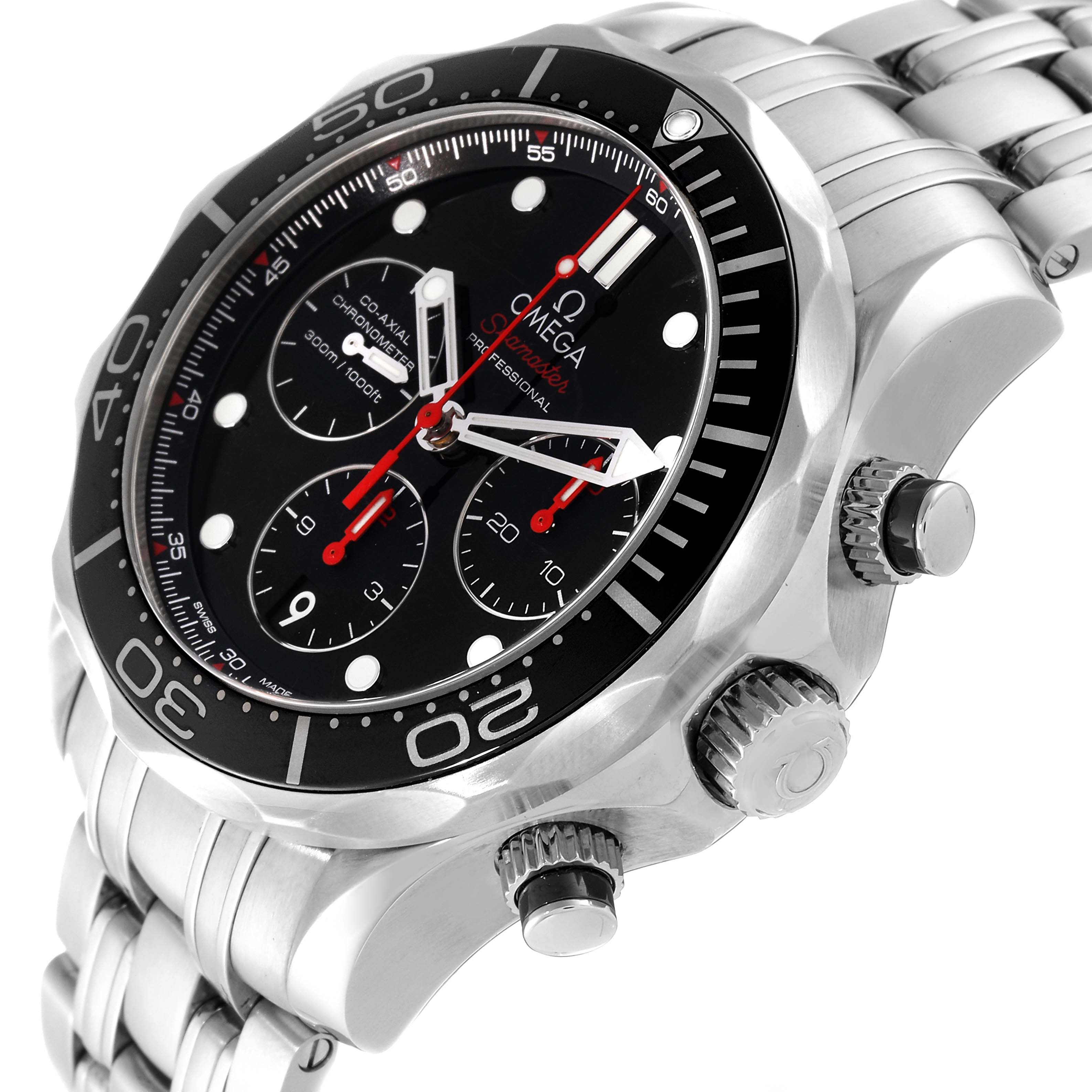 The image shows an angled view of the Omega Seamaster 212.30.44.50.01.001 Men's Stainless Steel Black Dial 212.30.44.50.01.001 Men's Stainless Steel Black Dial watch, highlighting its bezel, dial, sub-dials, and bracelet.