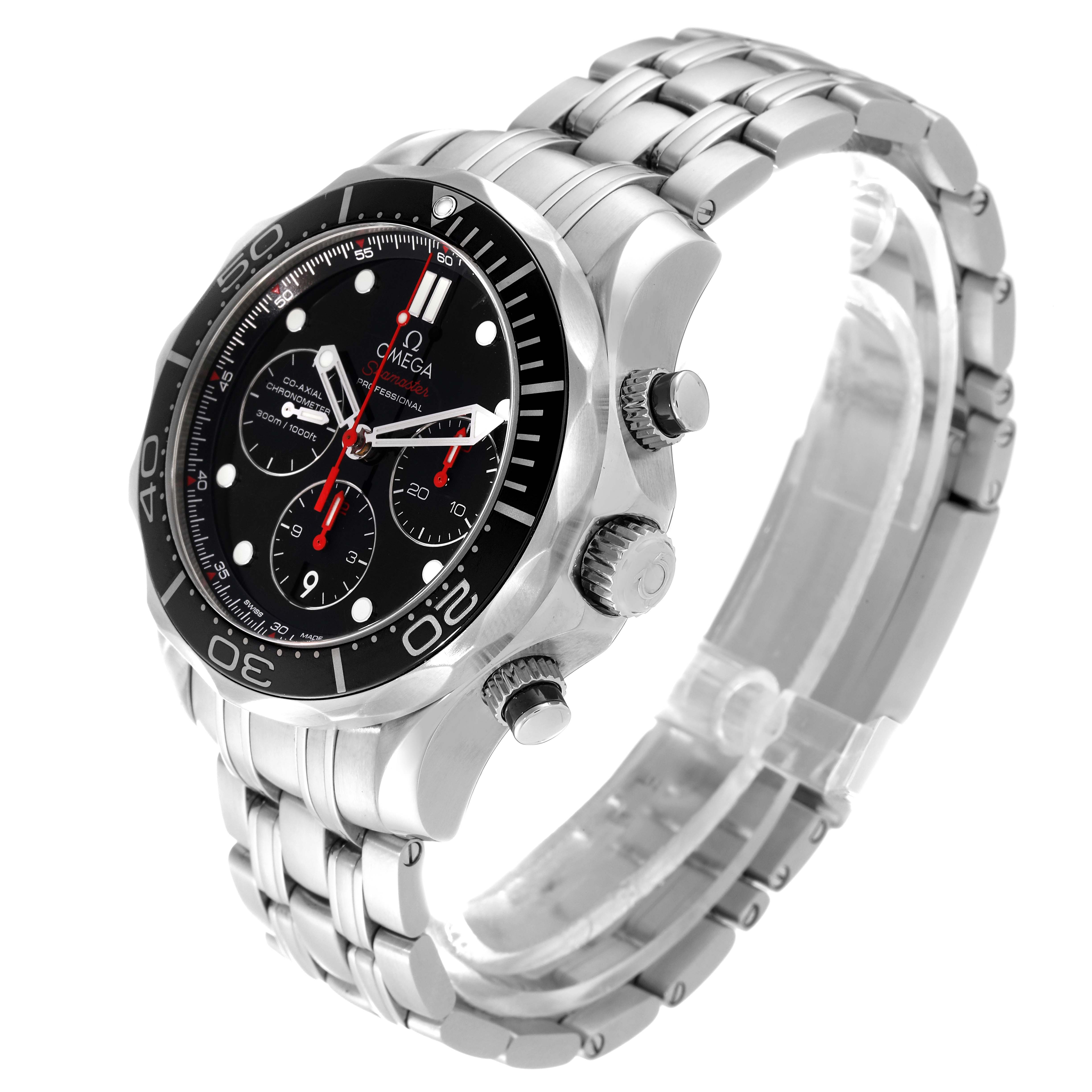 This image shows an Omega Seamaster 212.30.44.50.01.001 Men's Stainless Steel Black Dial 212.30.44.50.01.001 Men's Stainless Steel Black Dial watch at a three-quarter angle, highlighting its face, bezel, pushers, and metal bracelet.