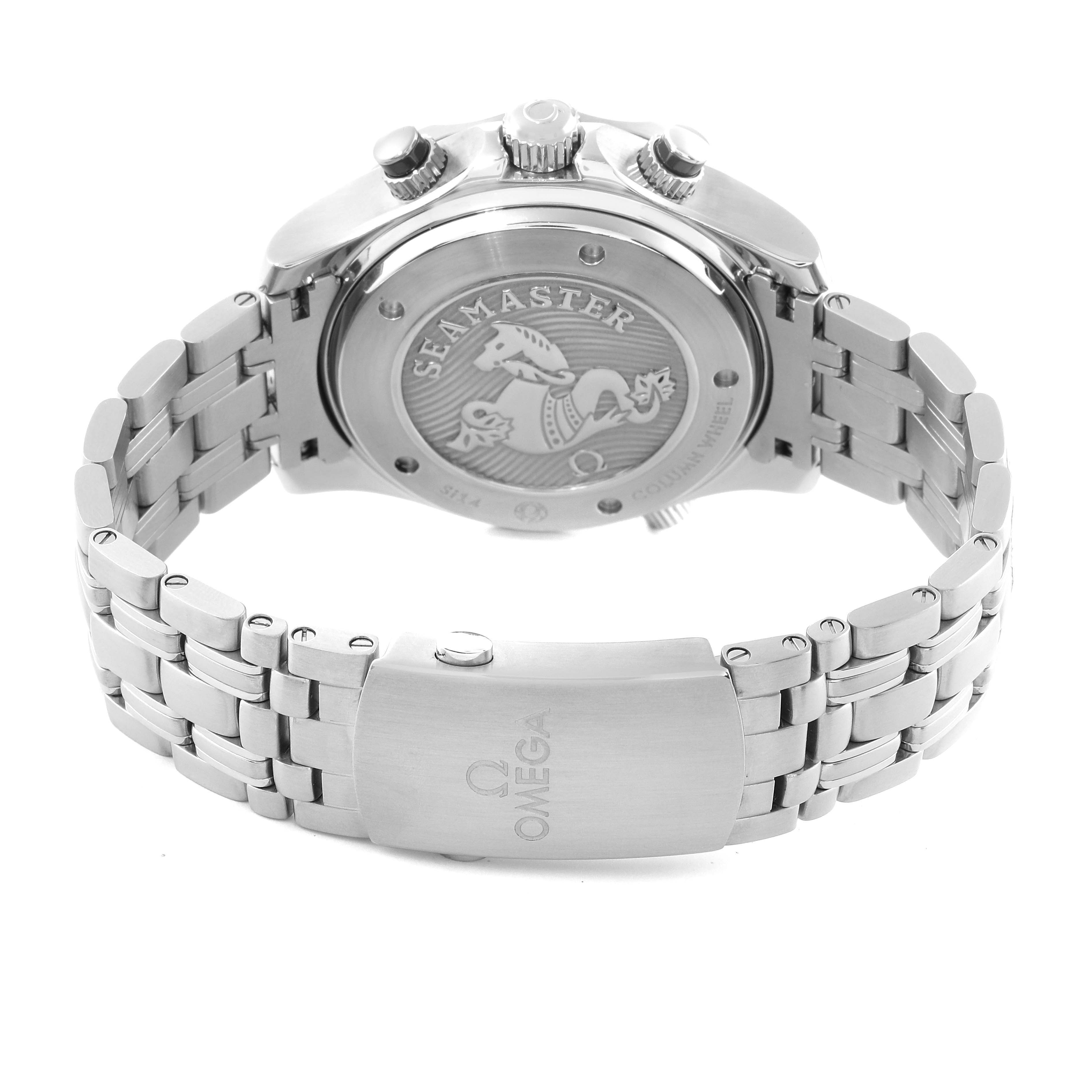 The image shows the back case and metal bracelet of an Omega Seamaster 212.30.44.50.01.001 Men's Stainless Steel Black Dial 212.30.44.50.01.001 Men's Stainless Steel Black Dial watch.