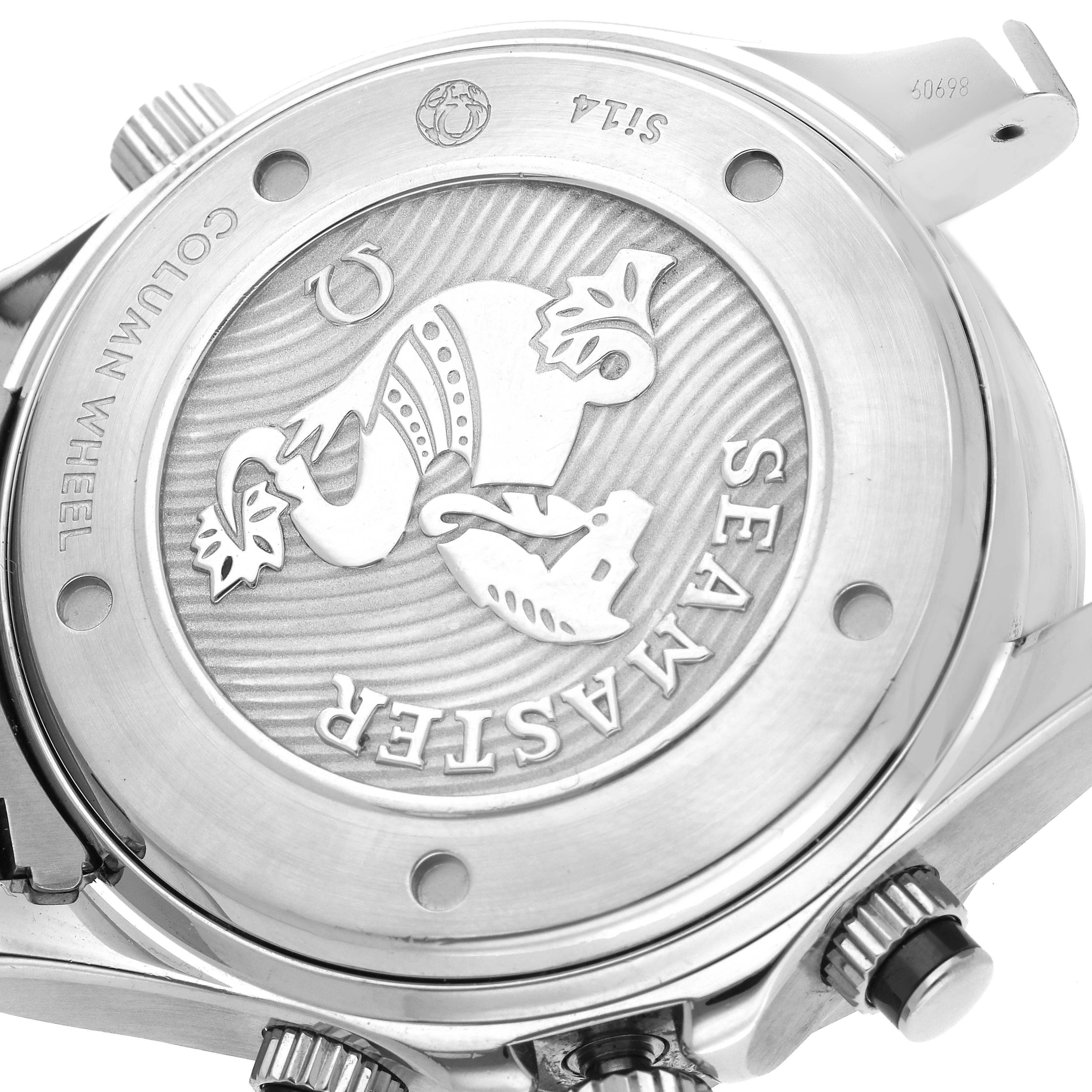 The image shows the back case of the Omega Seamaster 212.30.44.50.01.001 Men's Stainless Steel Black Dial 212.30.44.50.01.001 Men's Stainless Steel Black Dial watch, highlighting the emblem and engravings.