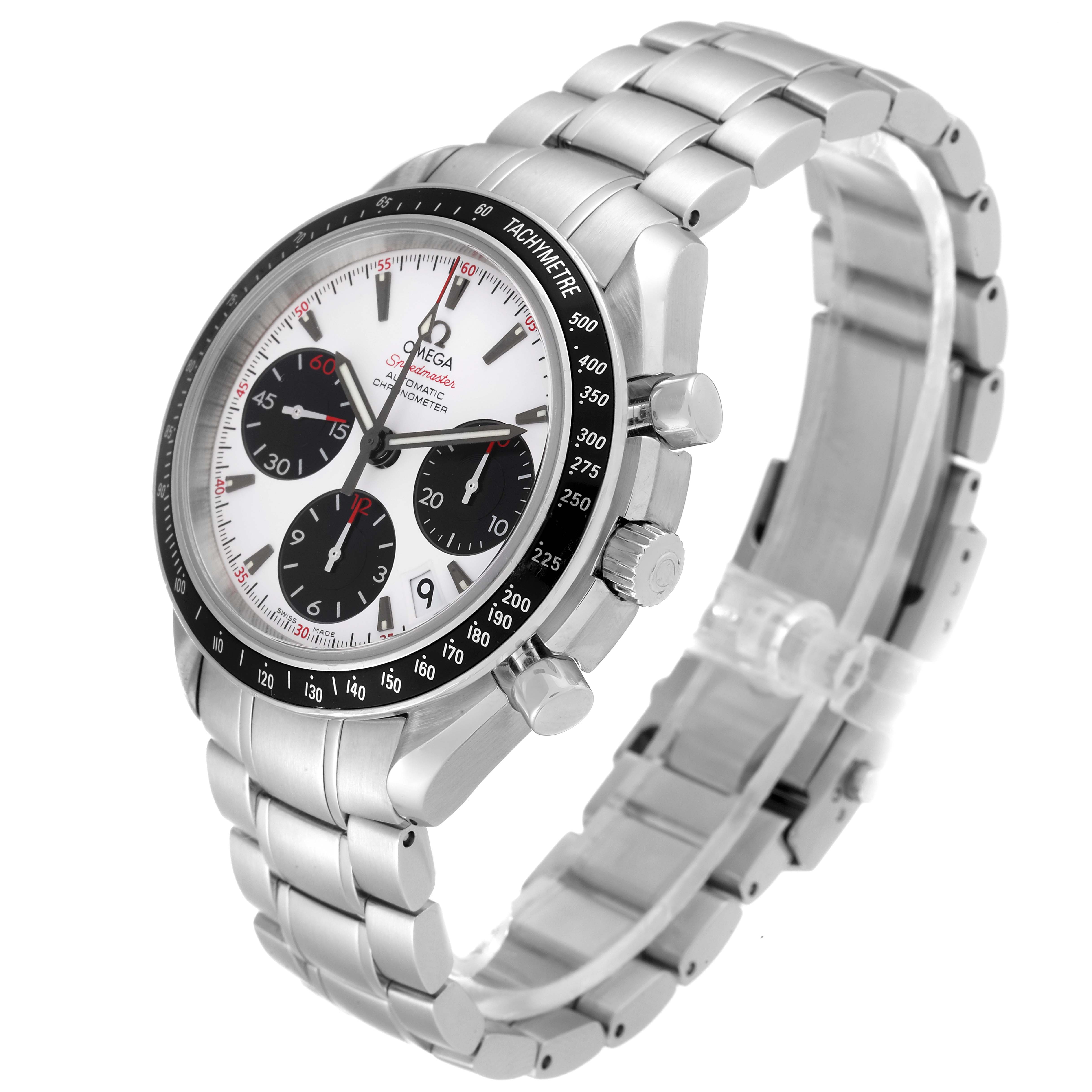 The Omega Speedmaster 323.30.40.40.04.001 Men
s Stainless Steel White Dial 323.30.40.40.04.001 Men
s Stainless Steel White Dial watch is shown at an angled view highlighting the face, tachymeter bezel, and stainless steel bracelet.