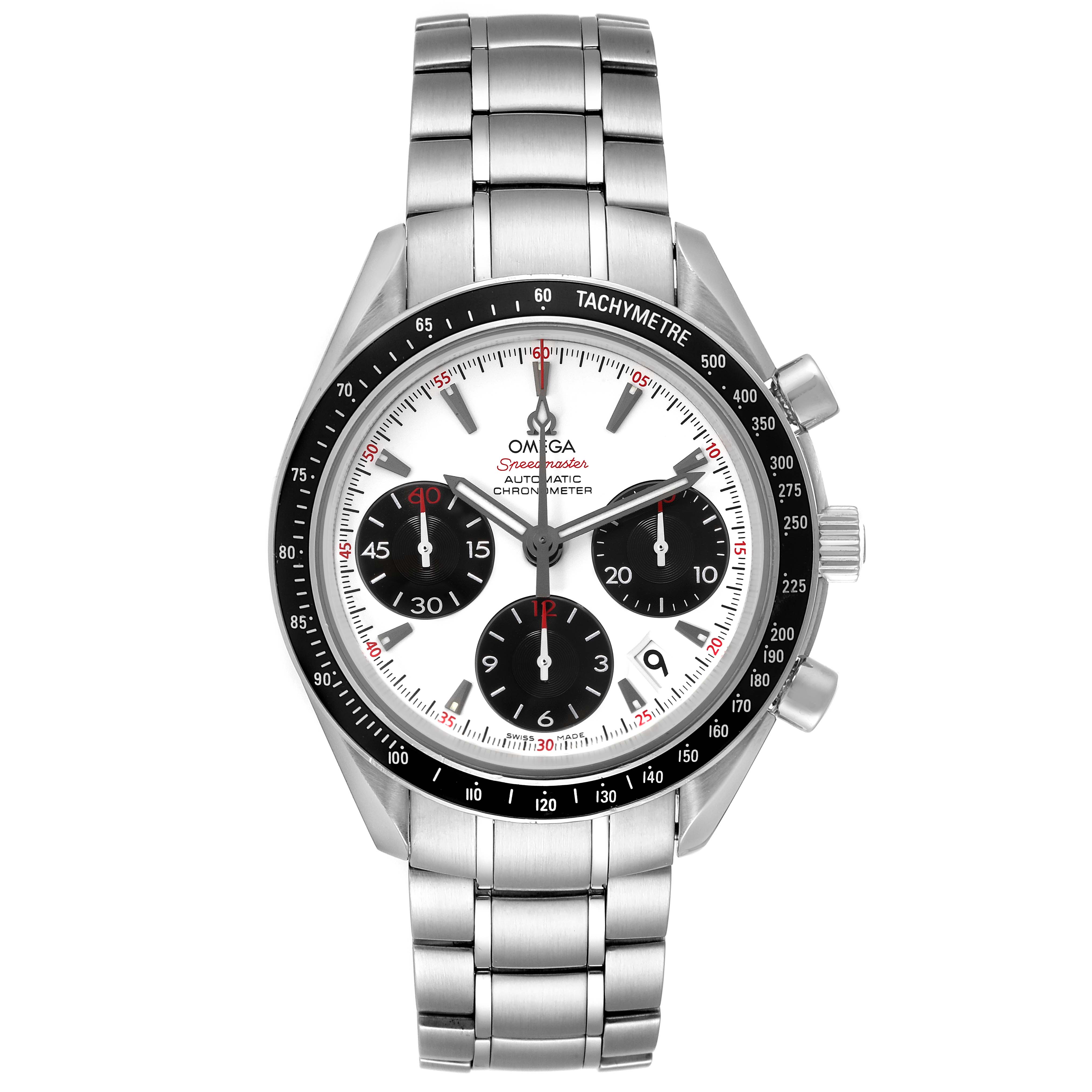 The Omega Speedmaster 323.30.40.40.04.001 Men
s Stainless Steel White Dial 323.30.40.40.04.001 Men
s Stainless Steel White Dial watch is shown from a frontal angle, displaying its dial, bezel, crown, pushers, and bracelet.