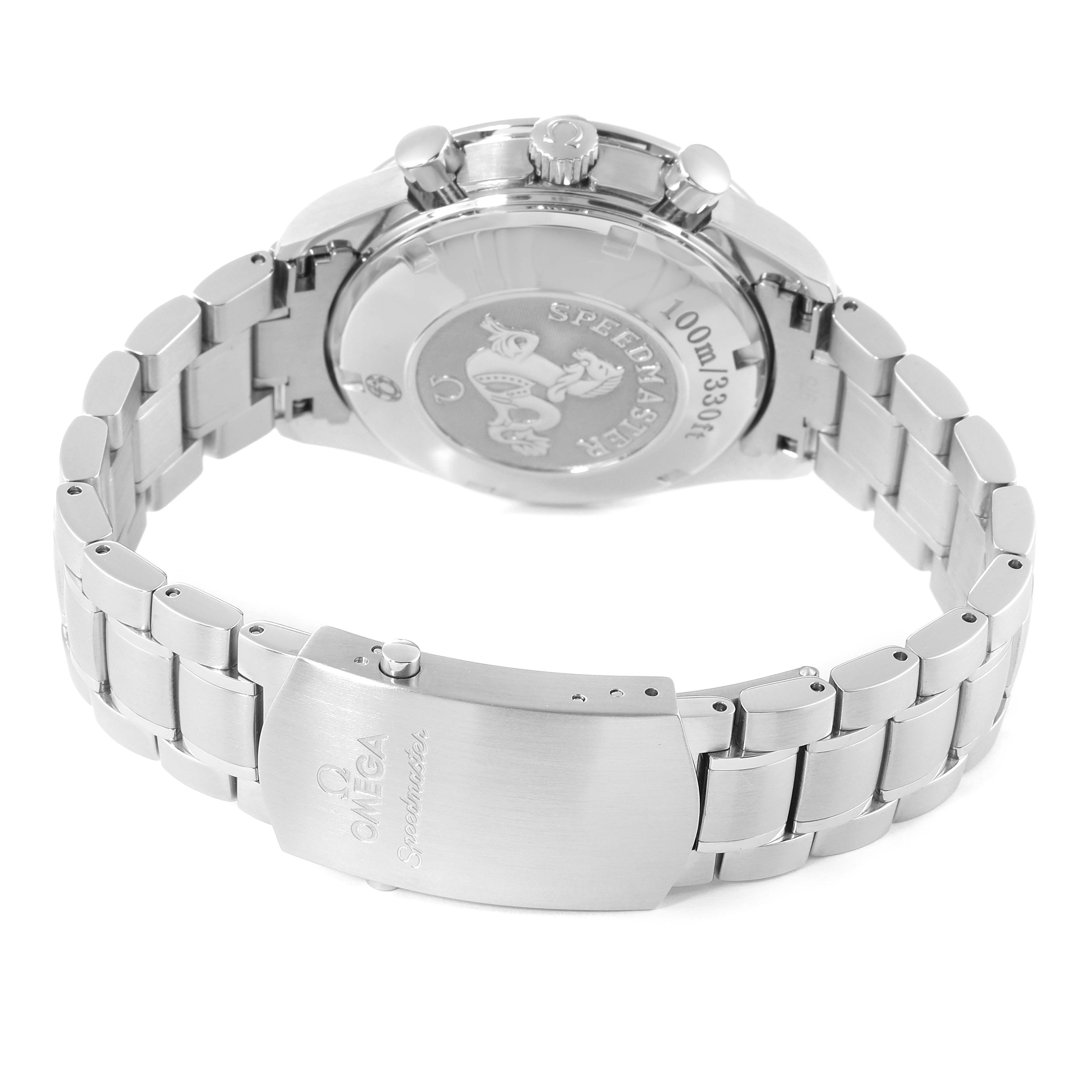 The Omega Speedmaster 323.30.40.40.04.001 Men
s Stainless Steel White Dial 323.30.40.40.04.001 Men
s Stainless Steel White Dial is shown from the back, displaying the bracelet, clasp, and case back details.