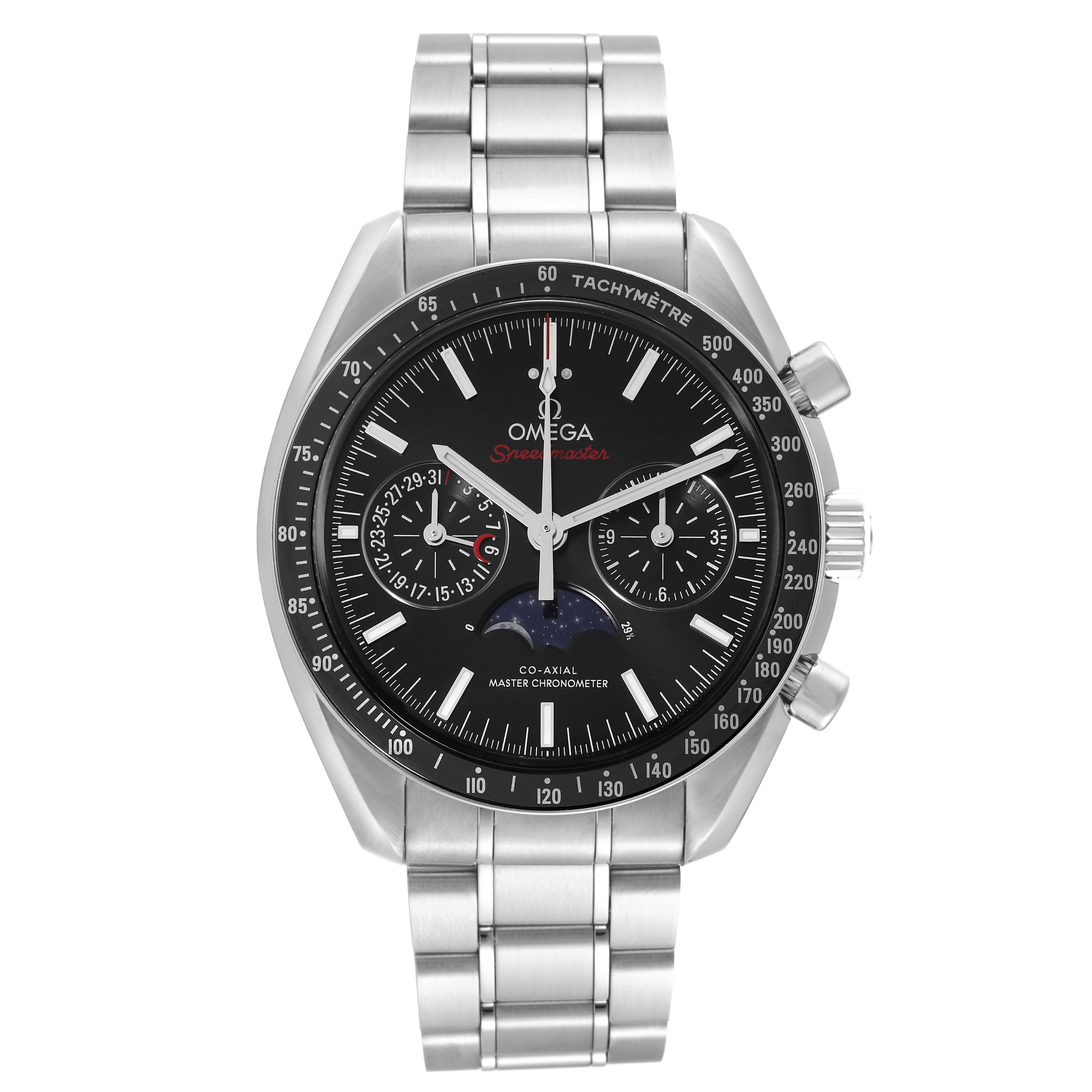 The image shows a front view of an Omega Speedmaster 304.30.44.52.01.001 Men
s Stainless Steel Black Dial 304.30.44.52.01.001 Men
s Stainless Steel Black Dial watch, highlighting its bezel, dial, and stainless steel bracelet.