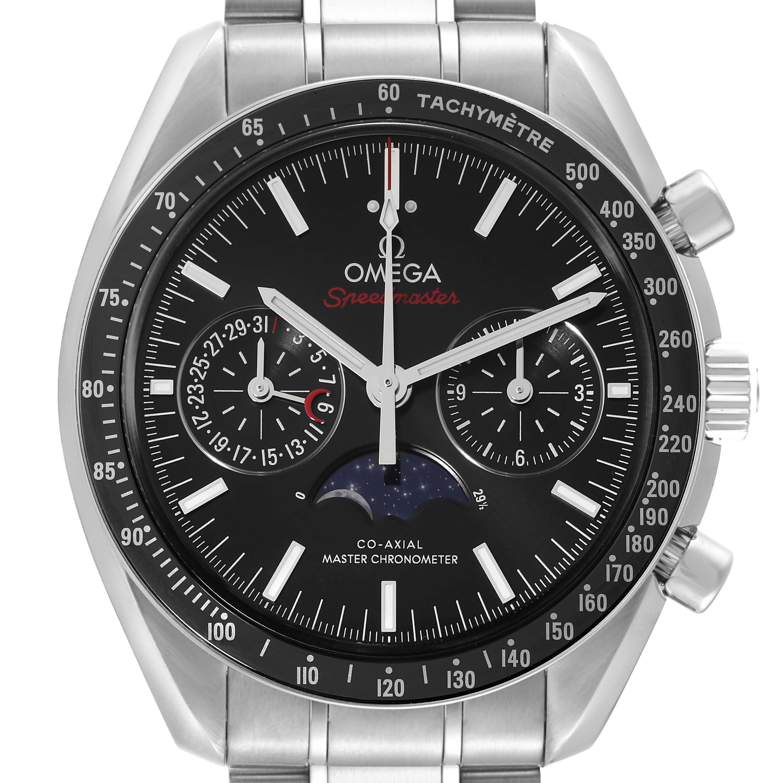 This is a front view of the Omega Speedmaster 304.30.44.52.01.001 Men
s Stainless Steel Black Dial 304.30.44.52.01.001 Men
s Stainless Steel Black Dial, displaying its dial, subdials, and stainless steel bracelet.