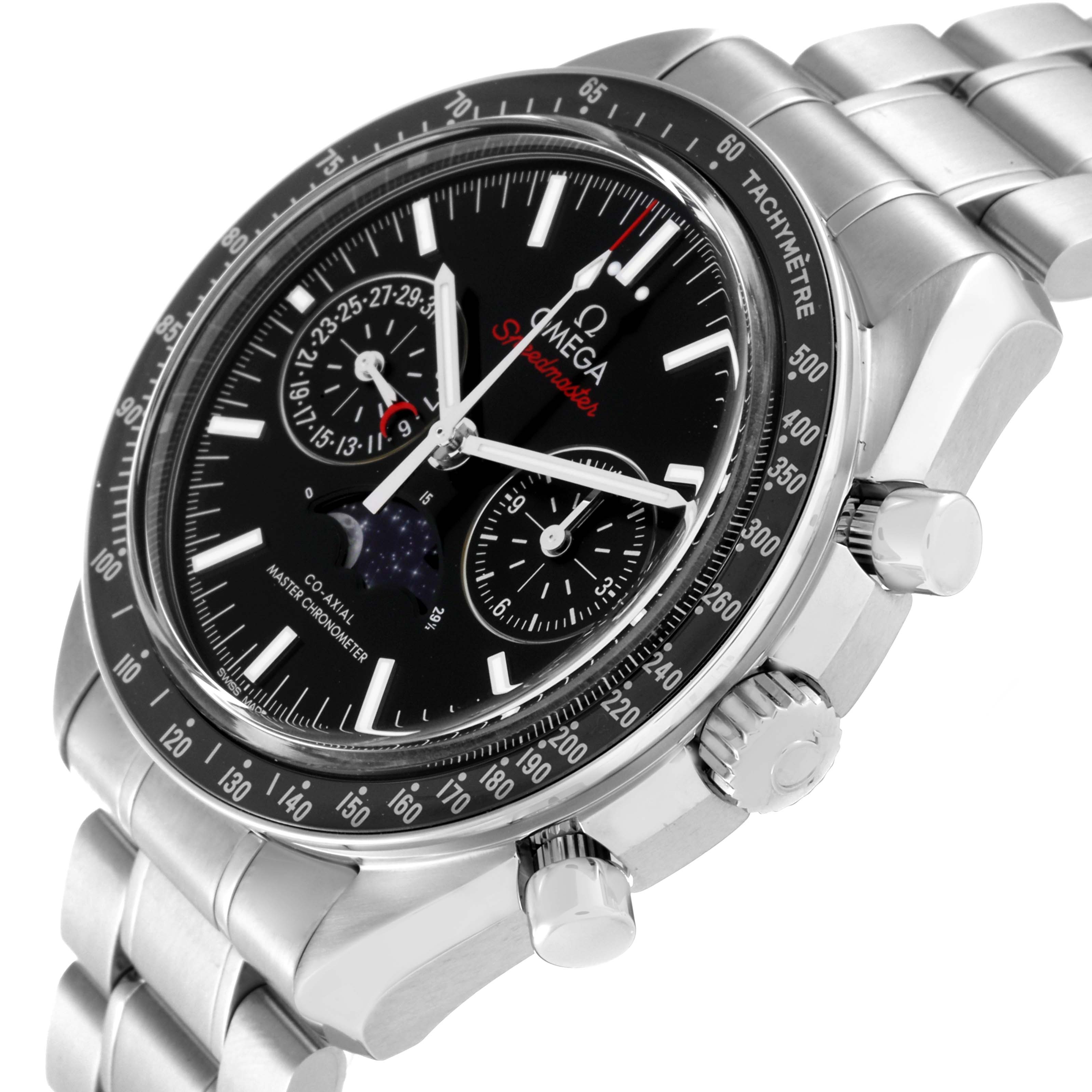 The image shows an angled view of an Omega Speedmaster 304.30.44.52.01.001 Men
s Stainless Steel Black Dial 304.30.44.52.01.001 Men
s Stainless Steel Black Dial watch, highlighting its bezel, crown, pushers, and stainless steel bracelet.