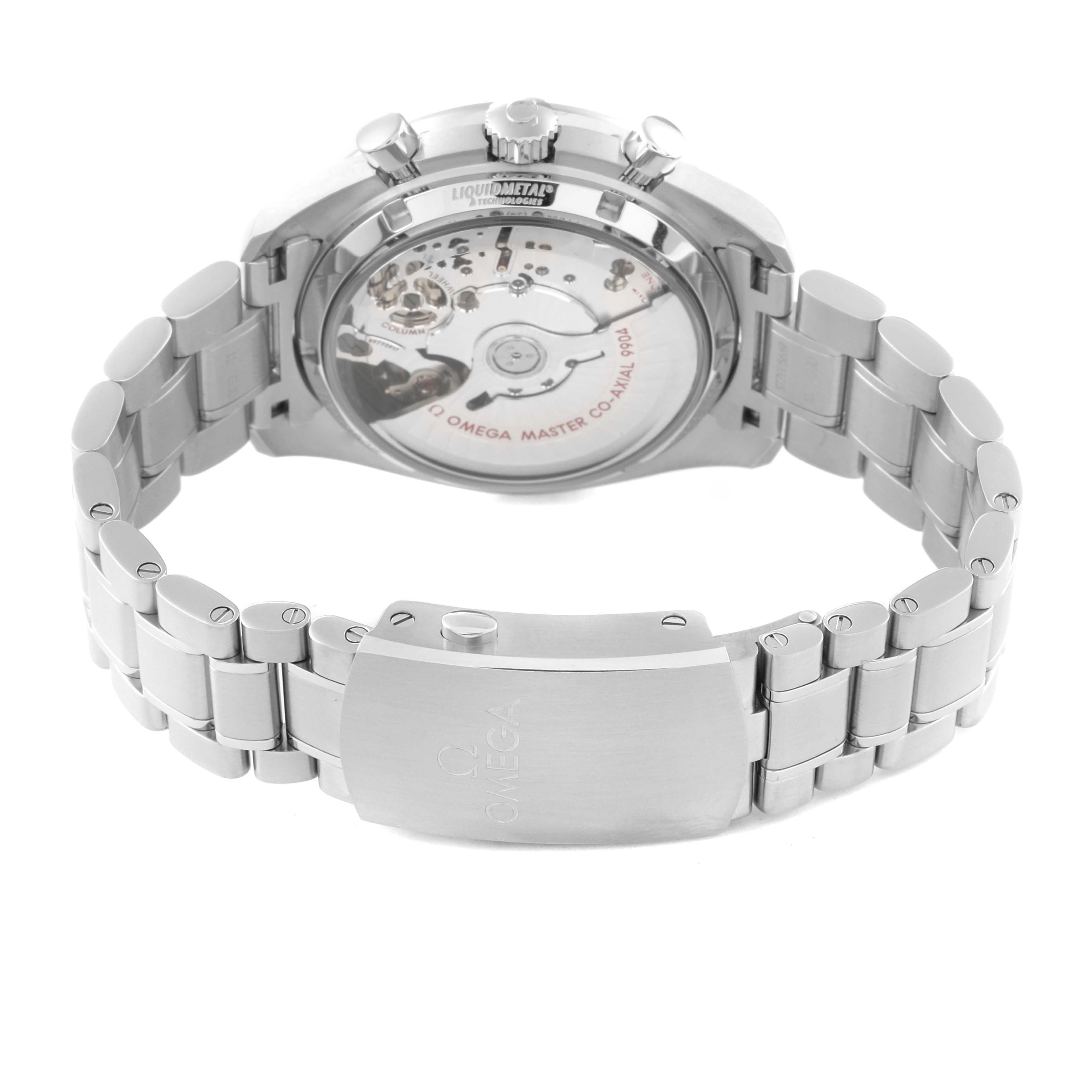 The image shows the back view and bracelet of the Omega Speedmaster 304.30.44.52.01.001 Men
s Stainless Steel Black Dial 304.30.44.52.01.001 Men
s Stainless Steel Black Dial, highlighting the case back and deployment clasp.