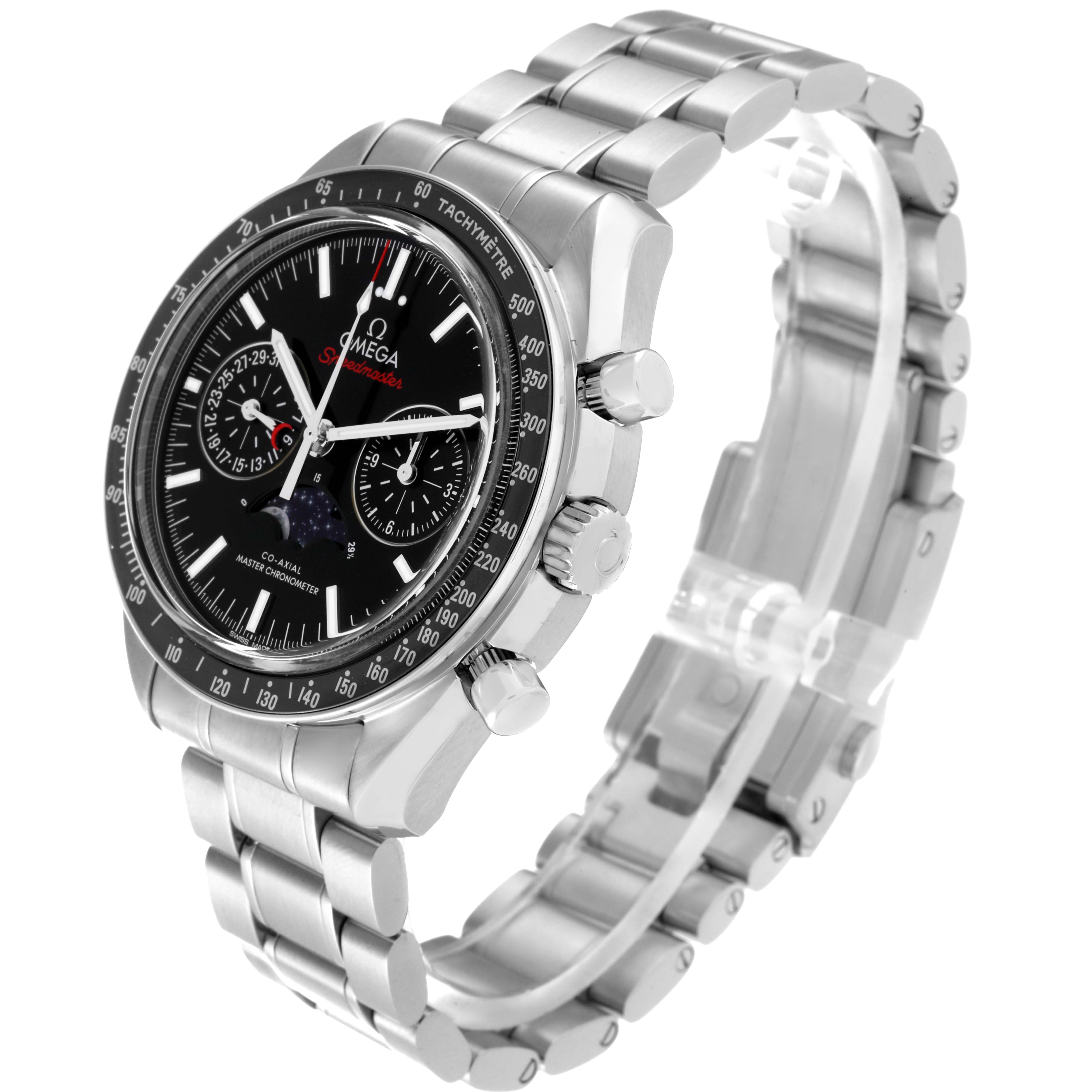 The image shows an angled view of an Omega Speedmaster 304.30.44.52.01.001 Men
s Stainless Steel Black Dial 304.30.44.52.01.001 Men
s Stainless Steel Black Dial watch, highlighting its dial, bezel, crown, pushers, and metal bracelet.