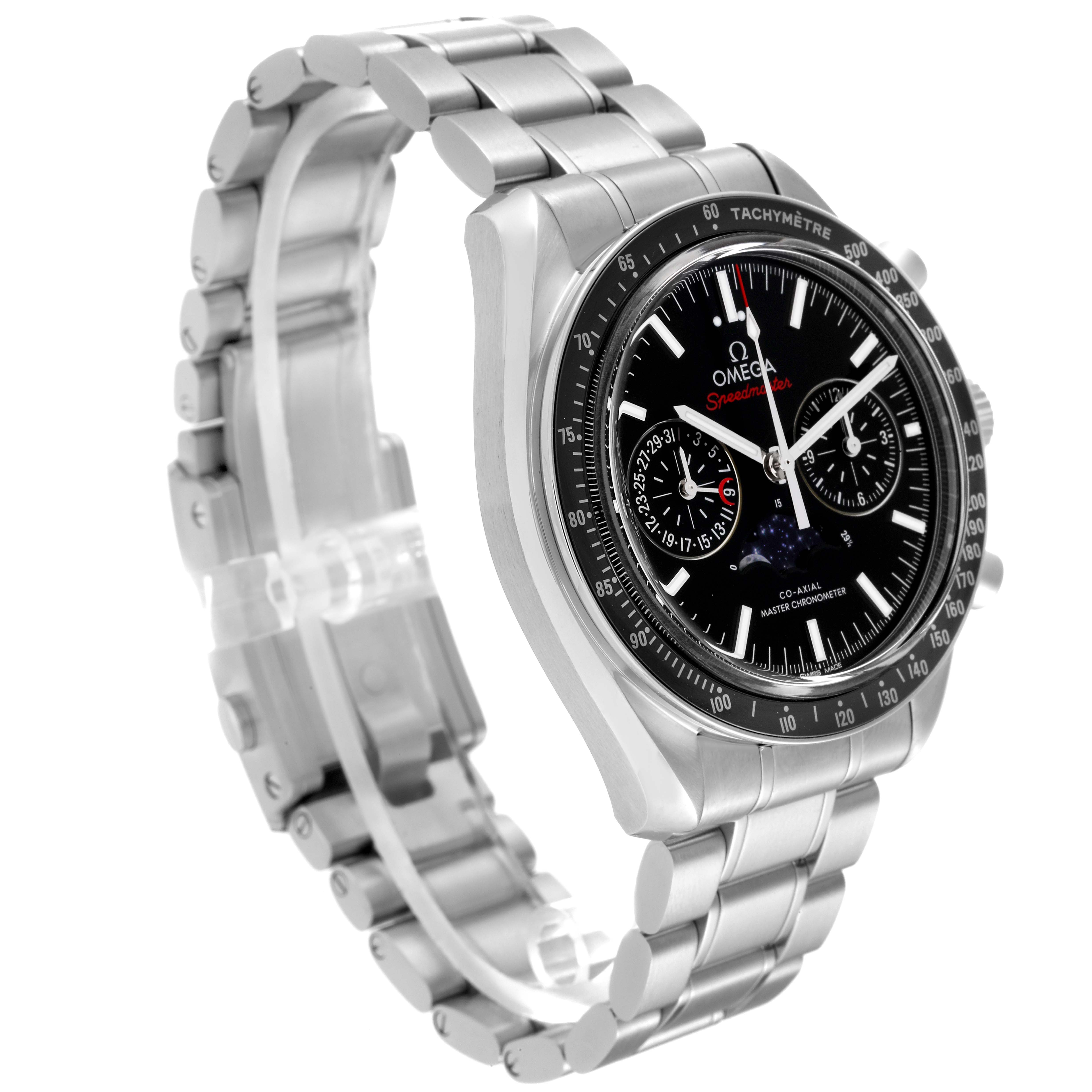 The image shows a side angle of the Omega Speedmaster 304.30.44.52.01.001 Men
s Stainless Steel Black Dial 304.30.44.52.01.001 Men
s Stainless Steel Black Dial watch, featuring its stainless steel bracelet and black dial with subdials.