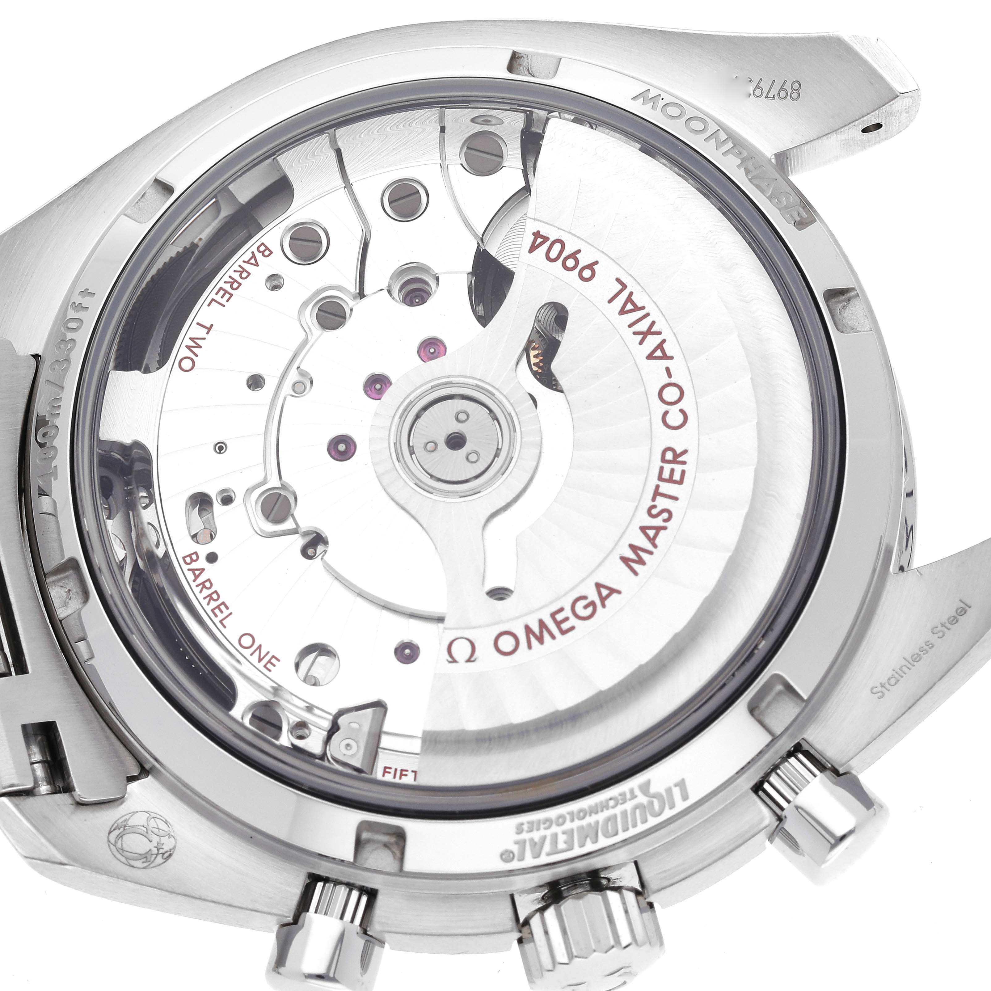 This image shows the caseback and internal mechanics of an Omega Speedmaster 304.30.44.52.01.001 Men
s Stainless Steel Black Dial 304.30.44.52.01.001 Men
s Stainless Steel Black Dial watch from a close-up rear angle.