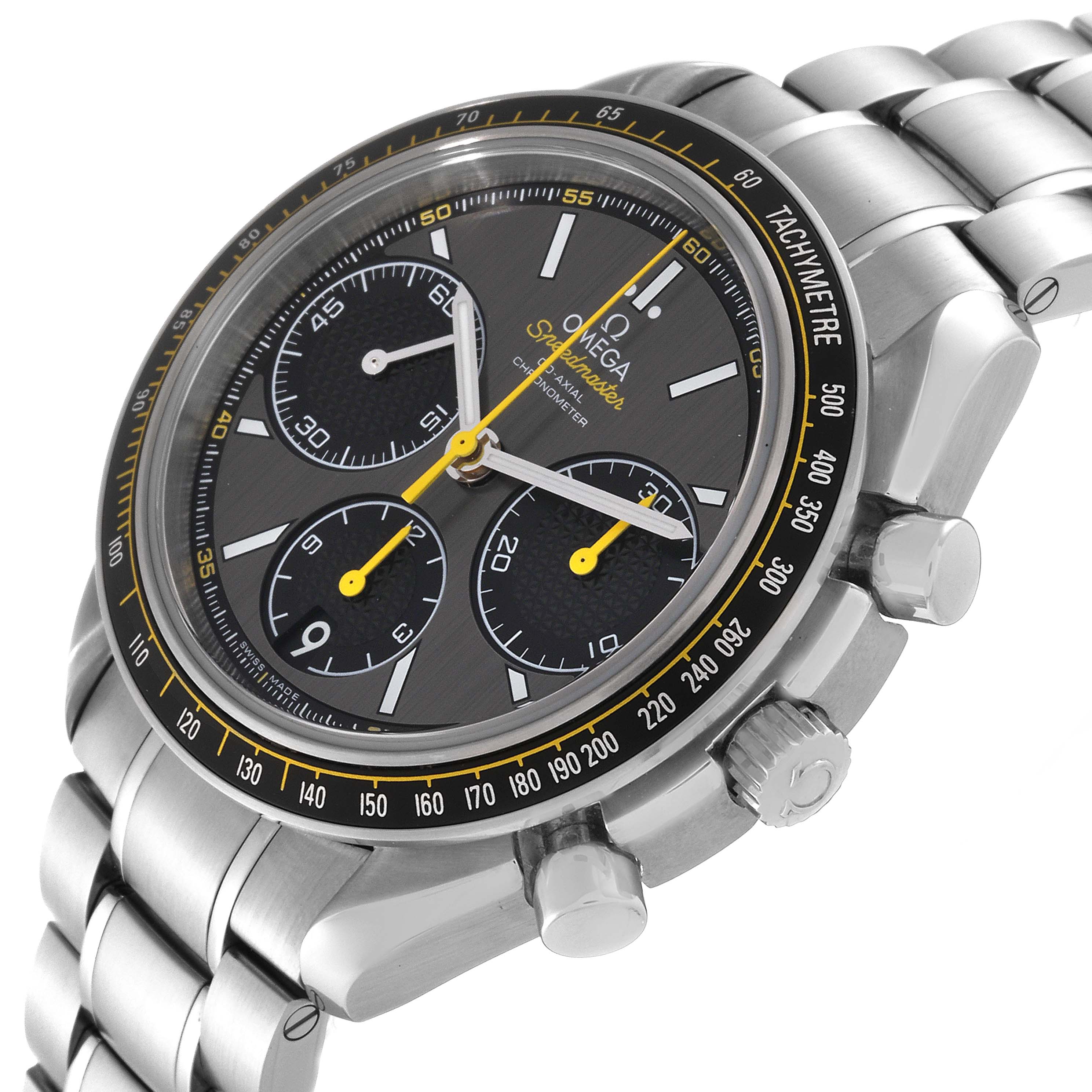 The Omega Speedmaster 326.30.40.50.06.001 Men's Stainless Steel Grey Dial 326.30.40.50.06.001 Men's Stainless Steel Grey Dial watch is shown at an angle displaying its face, chronograph dials, tachymeter bezel, and stainless steel bracelet.
