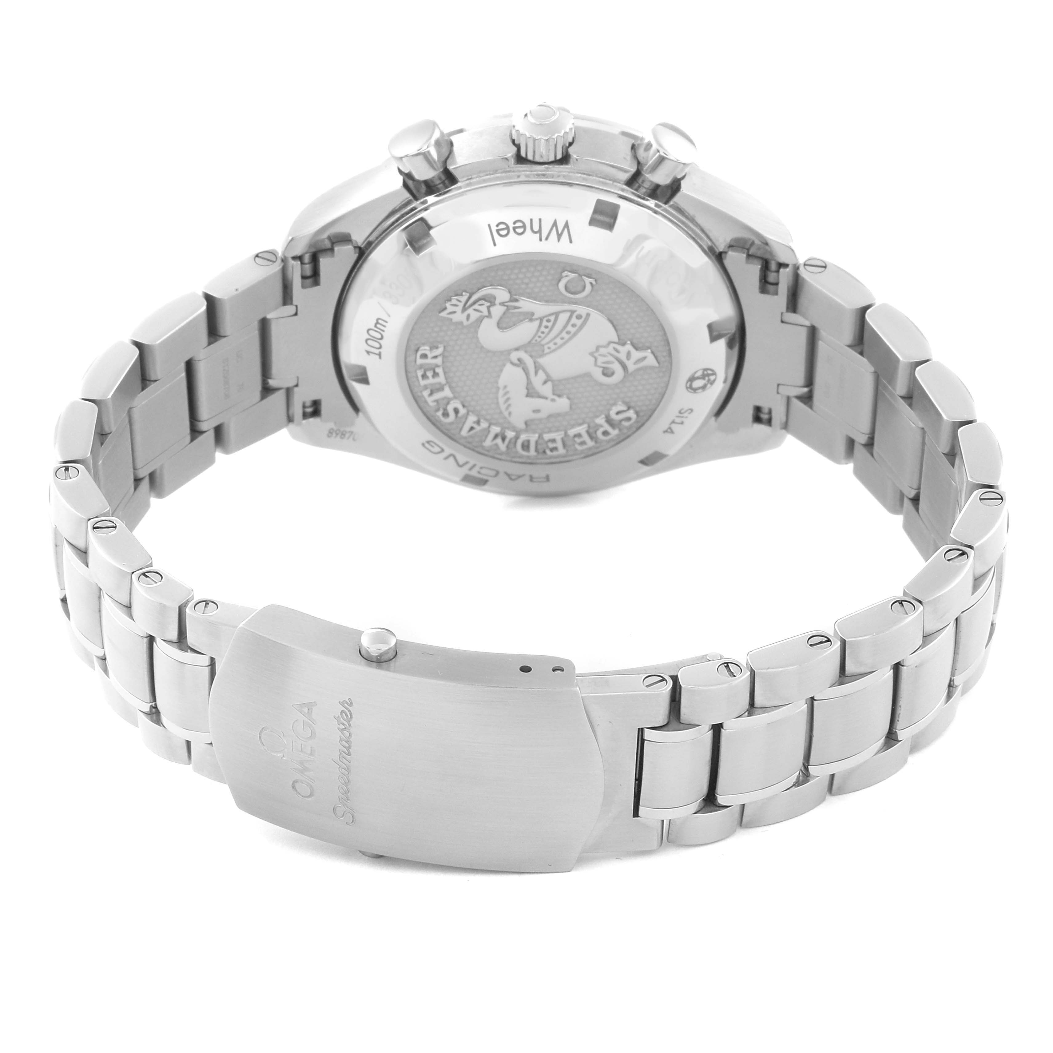 The image shows the rear view of an Omega Speedmaster 326.30.40.50.06.001 Men's Stainless Steel Grey Dial 326.30.40.50.06.001 Men's Stainless Steel Grey Dial watch, highlighting the case back, bracelet, and clasp.