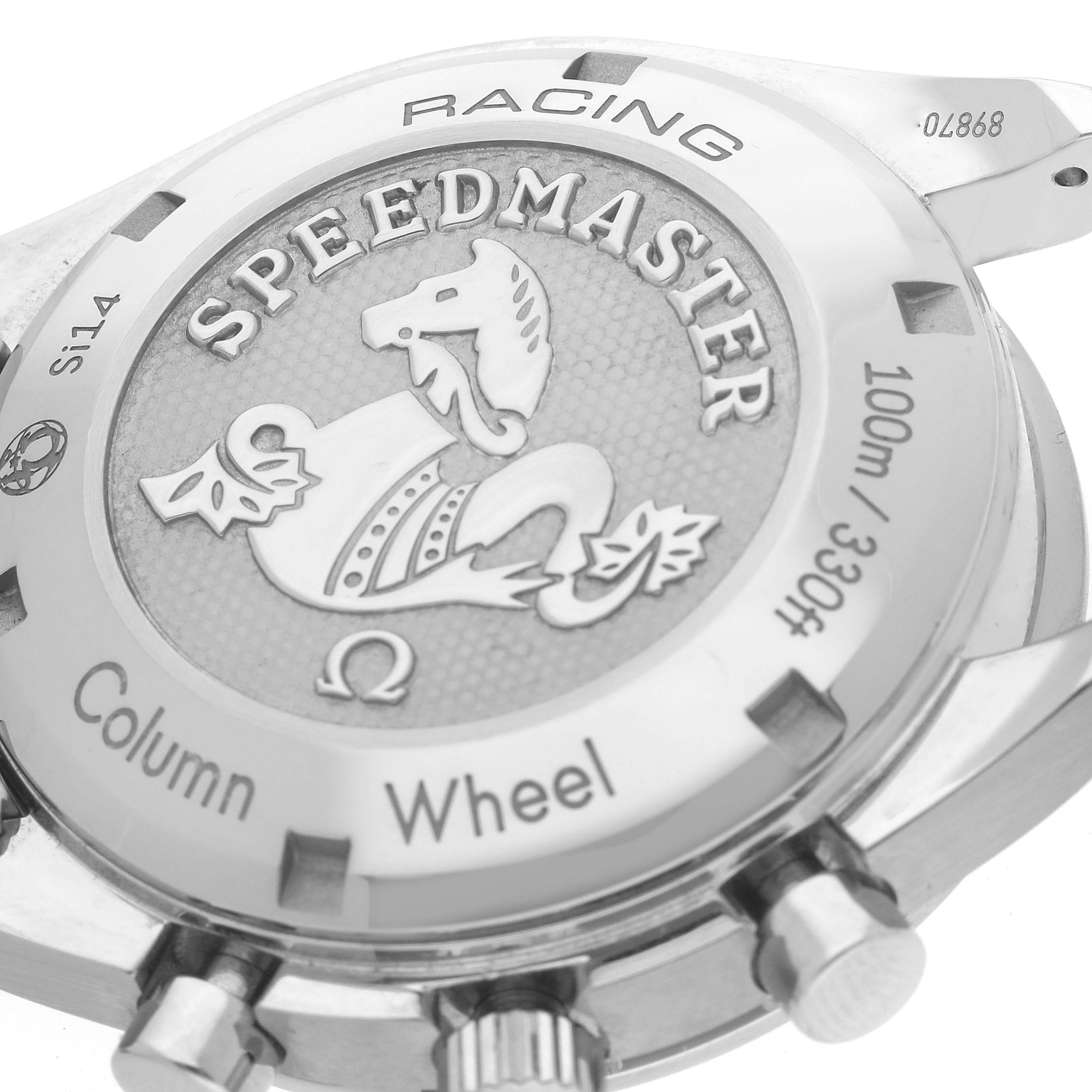 This image shows the back case and pushers of an Omega Speedmaster 326.30.40.50.06.001 Men's Stainless Steel Grey Dial 326.30.40.50.06.001 Men's Stainless Steel Grey Dial Racing watch.