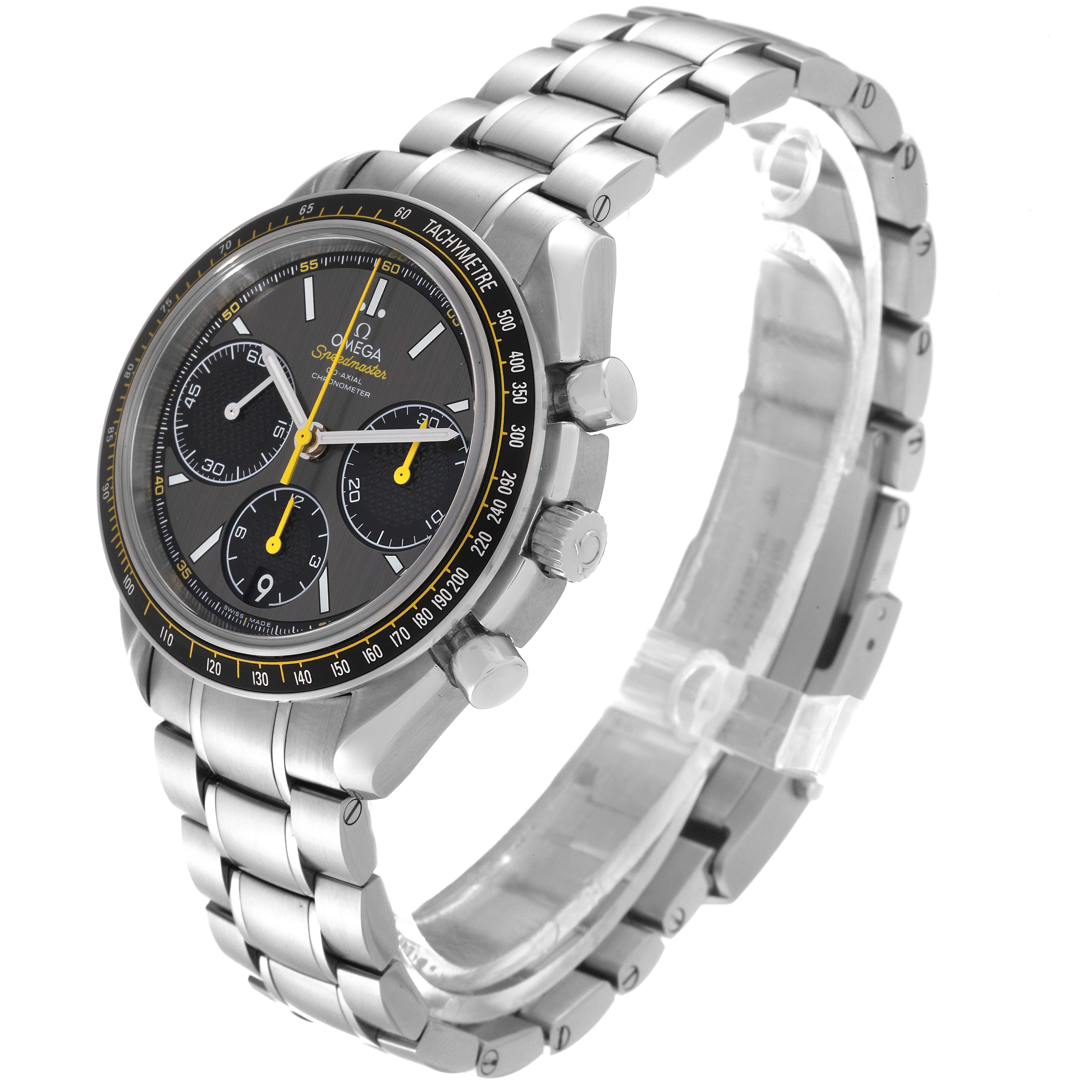 The Omega Speedmaster 326.30.40.50.06.001 Men's Stainless Steel Grey Dial 326.30.40.50.06.001 Men's Stainless Steel Grey Dial watch is shown at a slight angle, highlighting its face, crown, pushers, and full metal bracelet.