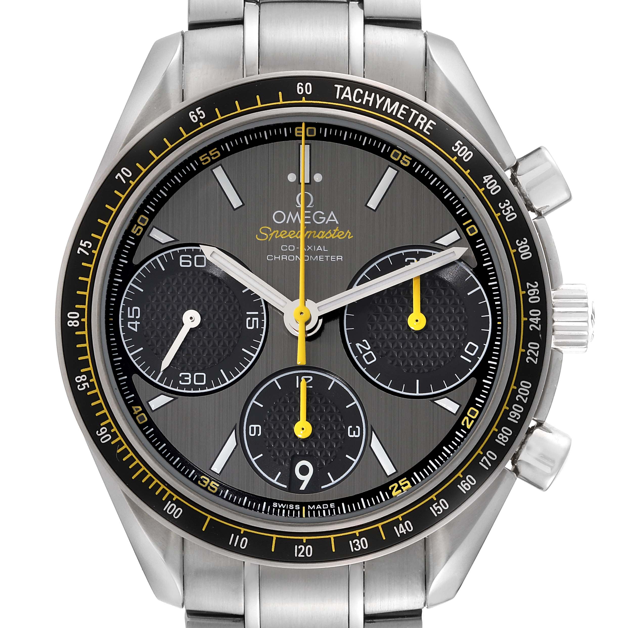 The image shows the front view of an Omega Speedmaster 326.30.40.50.06.001 Men's Stainless Steel Grey Dial 326.30.40.50.06.001 Men's Stainless Steel Grey Dial watch, highlighting its dial, tachymeter bezel, and stainless steel band.