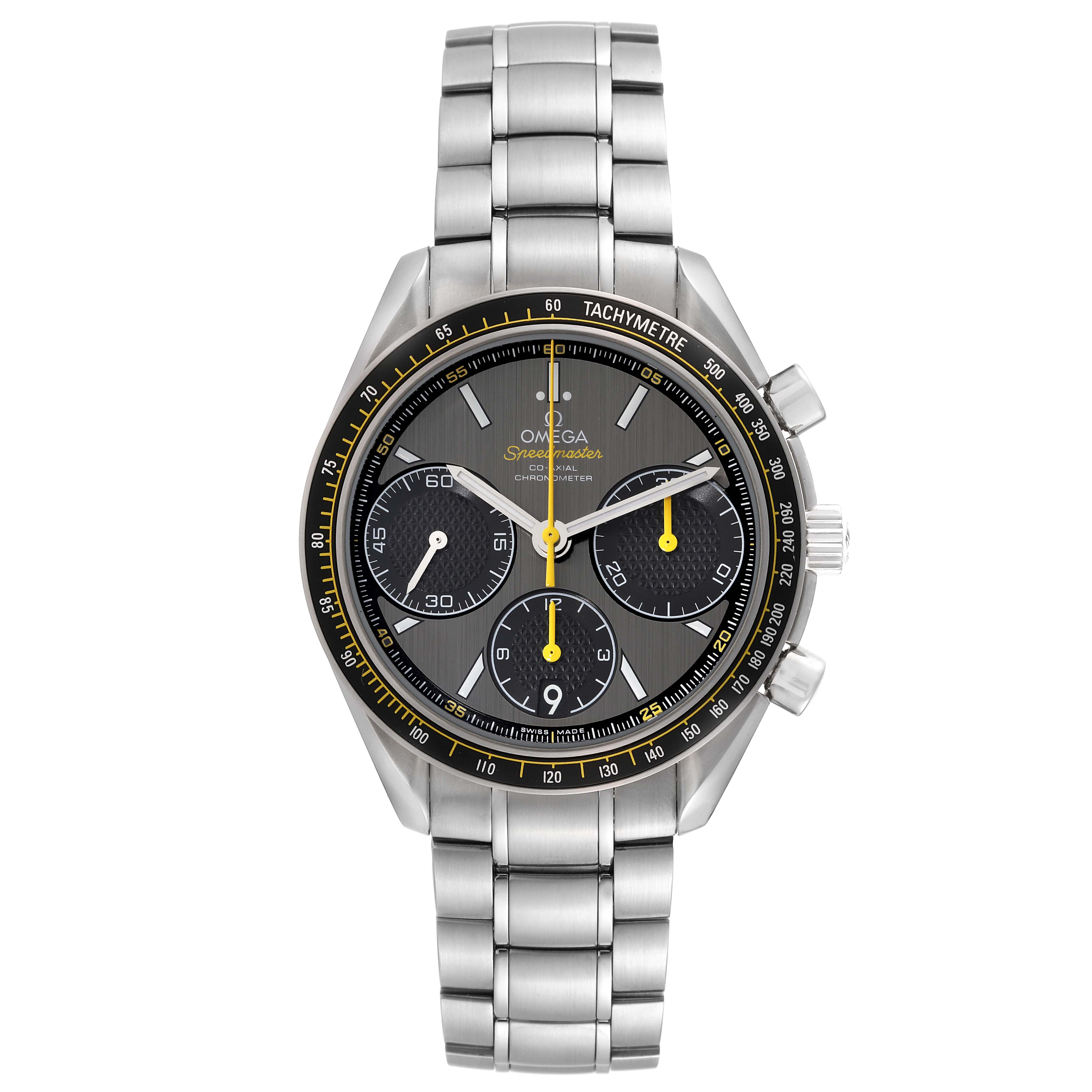 The image shows a front view of an Omega Speedmaster 326.30.40.50.06.001 Men's Stainless Steel Grey Dial 326.30.40.50.06.001 Men's Stainless Steel Grey Dial watch, showcasing its dial, subdials, bezel, pushers, and metal bracelet.