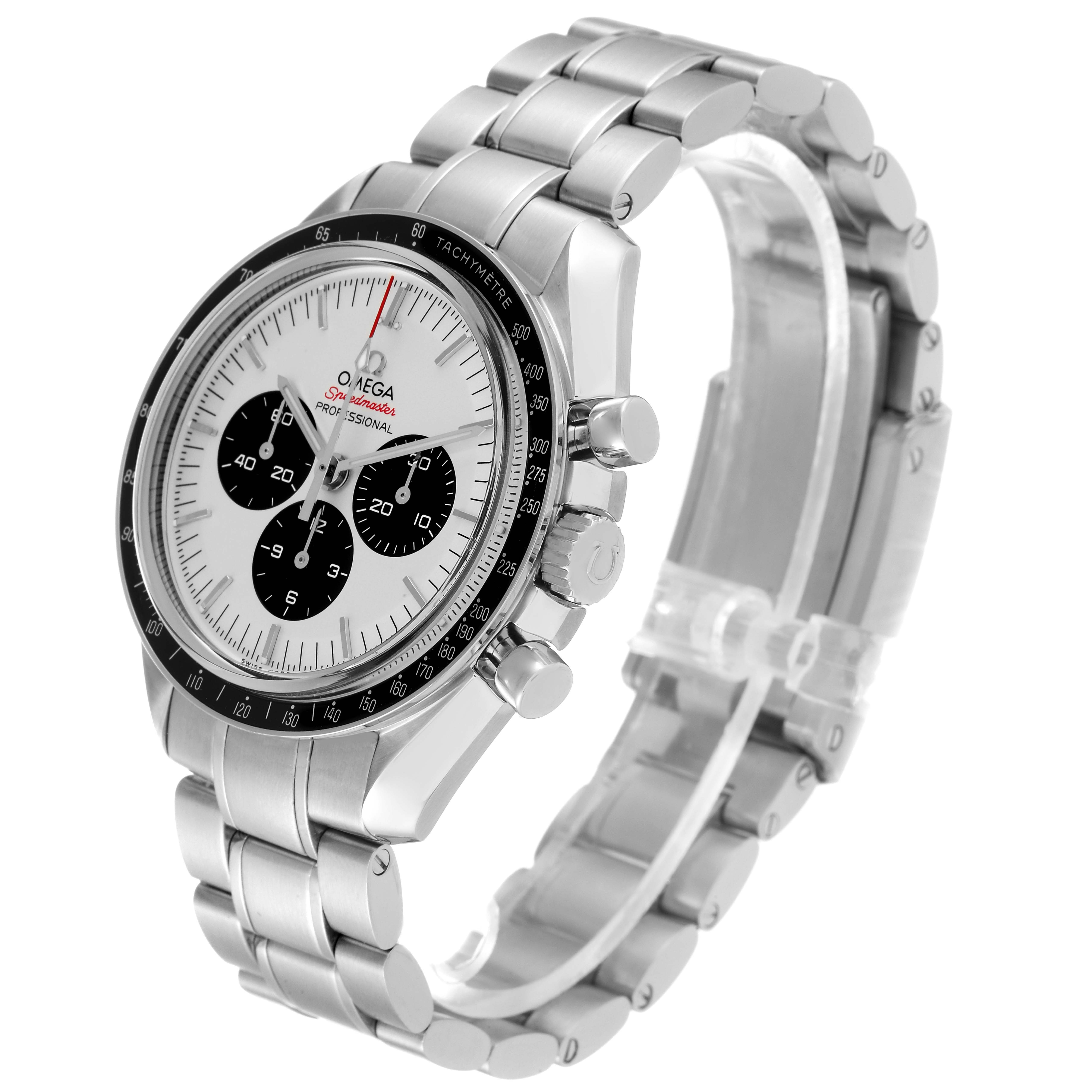 The Omega Speedmaster 522.30.42.30.04.001 Men's Stainless Steel White Dial 522.30.42.30.04.001 Men's Stainless Steel White Dial watch is shown at a 3/4 angle, displaying the face, bezel, and bracelet.