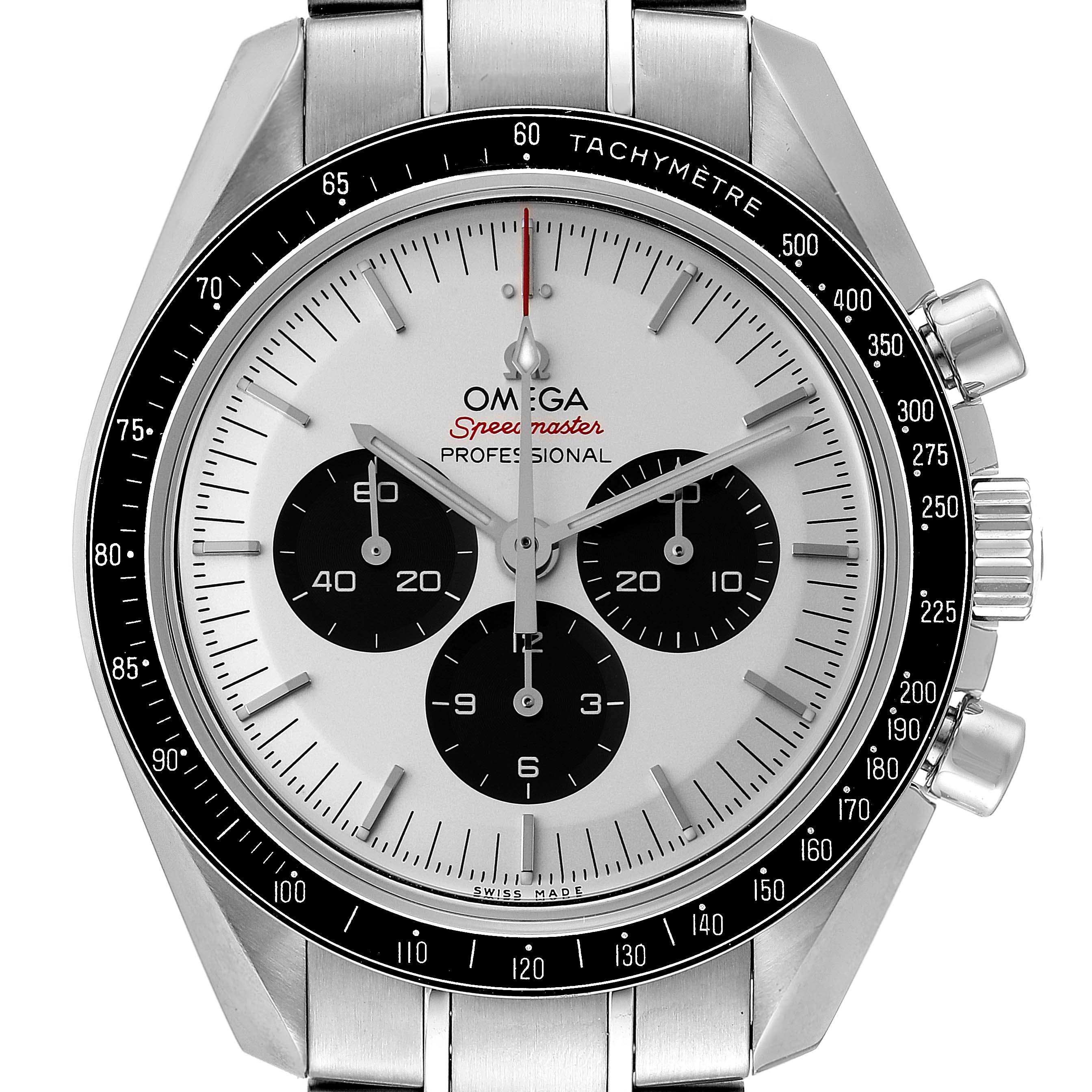 The image shows a front view of the Omega Speedmaster 522.30.42.30.04.001 Men's Stainless Steel White Dial 522.30.42.30.04.001 Men's Stainless Steel White Dial watch, including the dial, bezel, chronograph subdials, and pushers.