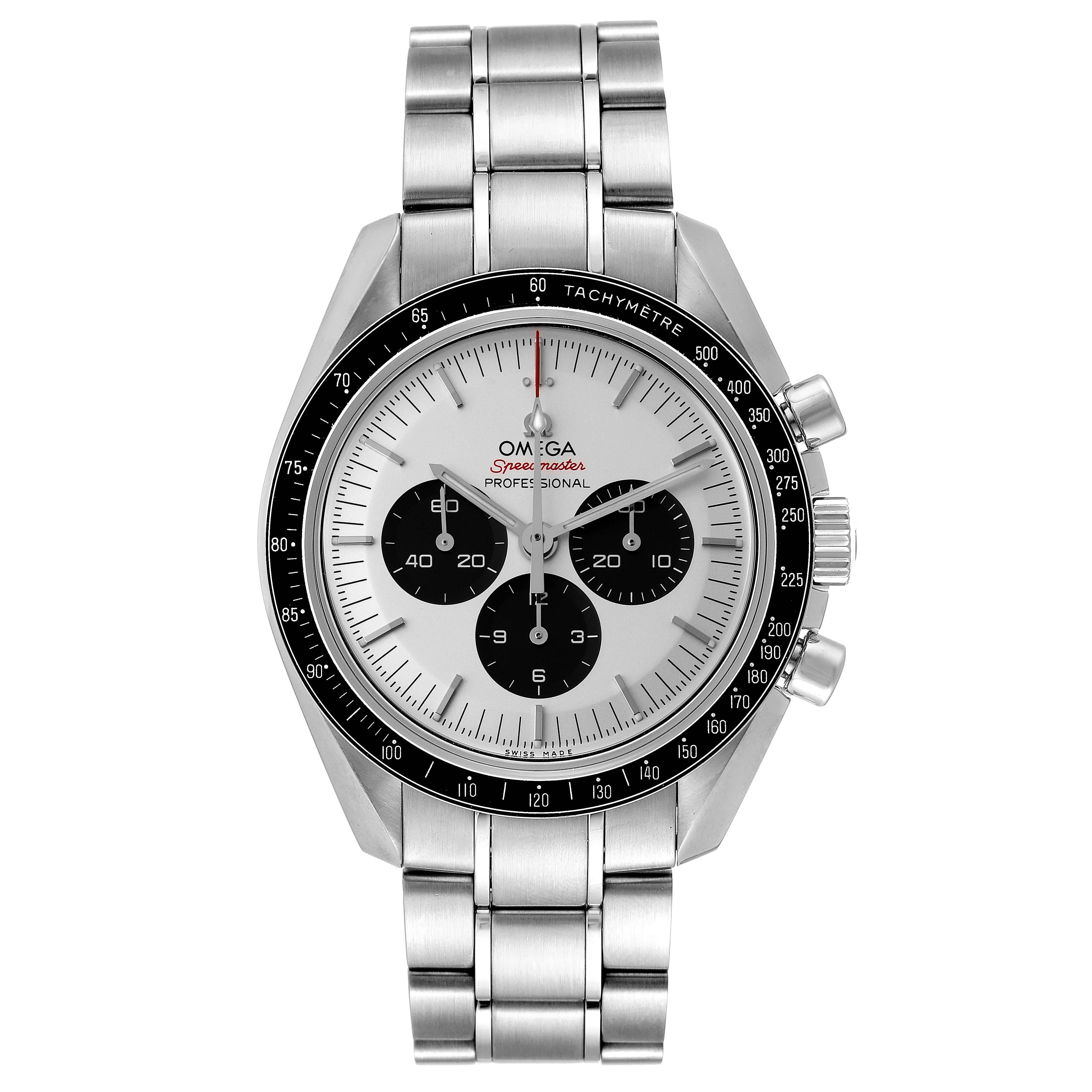 The image shows a front view of an Omega Speedmaster 522.30.42.30.04.001 Men's Stainless Steel White Dial 522.30.42.30.04.001 Men's Stainless Steel White Dial watch highlighting its dial, subdials, tachymeter bezel, and metal bracelet.