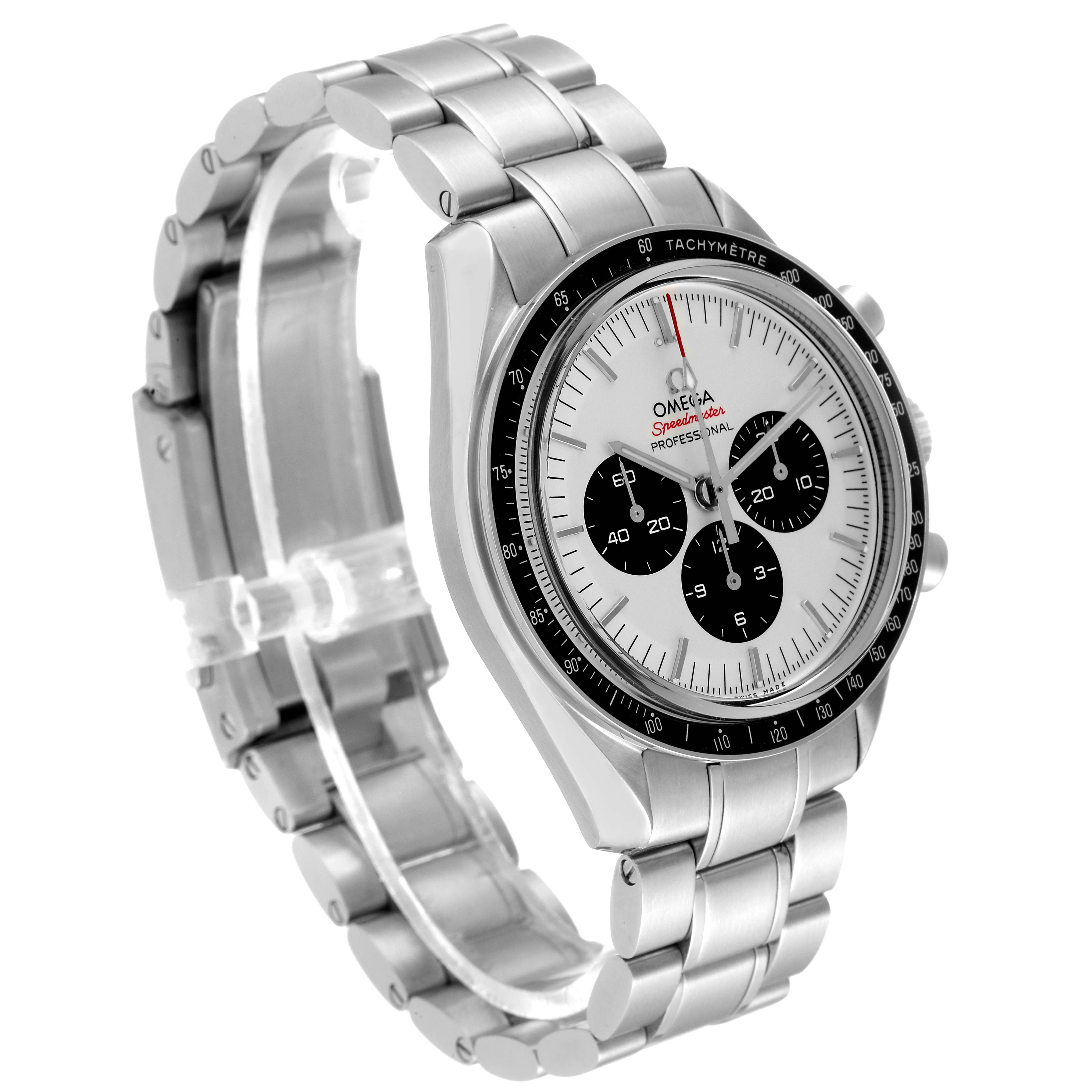 The image shows a side angle of an Omega Speedmaster 522.30.42.30.04.001 Men's Stainless Steel White Dial 522.30.42.30.04.001 Men's Stainless Steel White Dial watch, highlighting its stainless steel bracelet and tachymeter bezel.