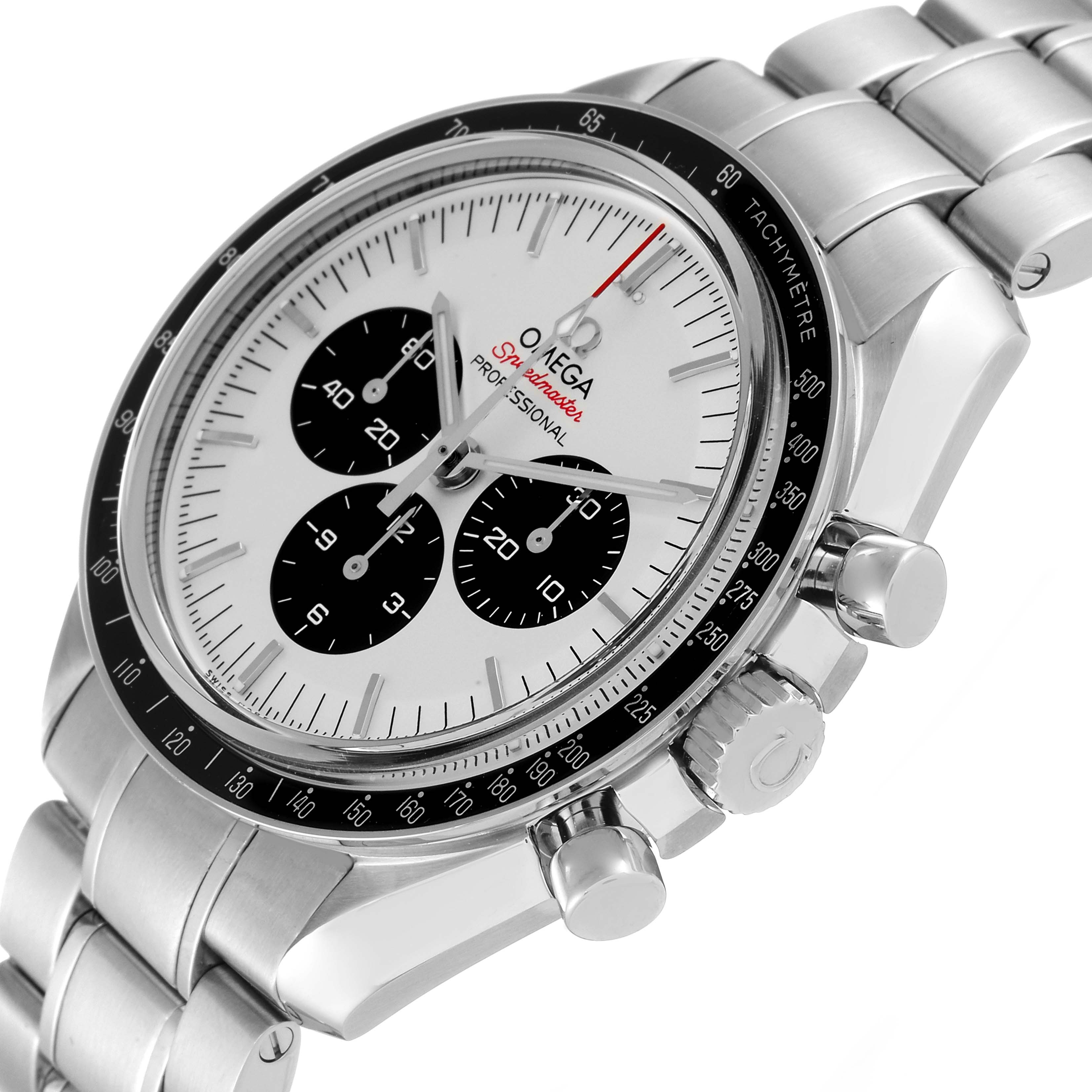 The Omega Speedmaster 522.30.42.30.04.001 Men's Stainless Steel White Dial 522.30.42.30.04.001 Men's Stainless Steel White Dial watch is shown at an angled close-up, highlighting the dial, sub-dials, crown, and pushers.