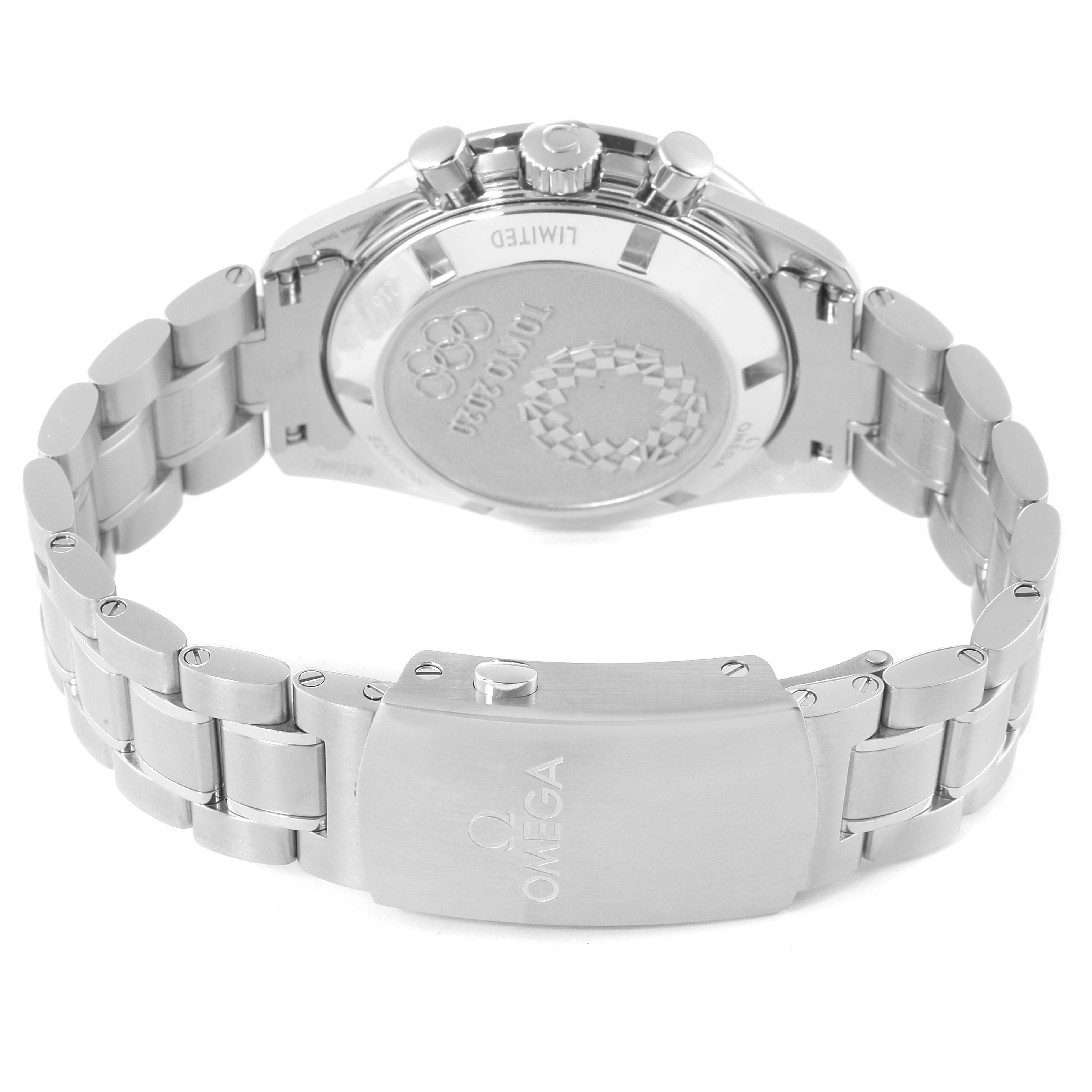 This image shows the back case and bracelet clasp of the Omega Speedmaster 522.30.42.30.04.001 Men's Stainless Steel White Dial 522.30.42.30.04.001 Men's Stainless Steel White Dial watch, emphasizing the engraving and metal links.