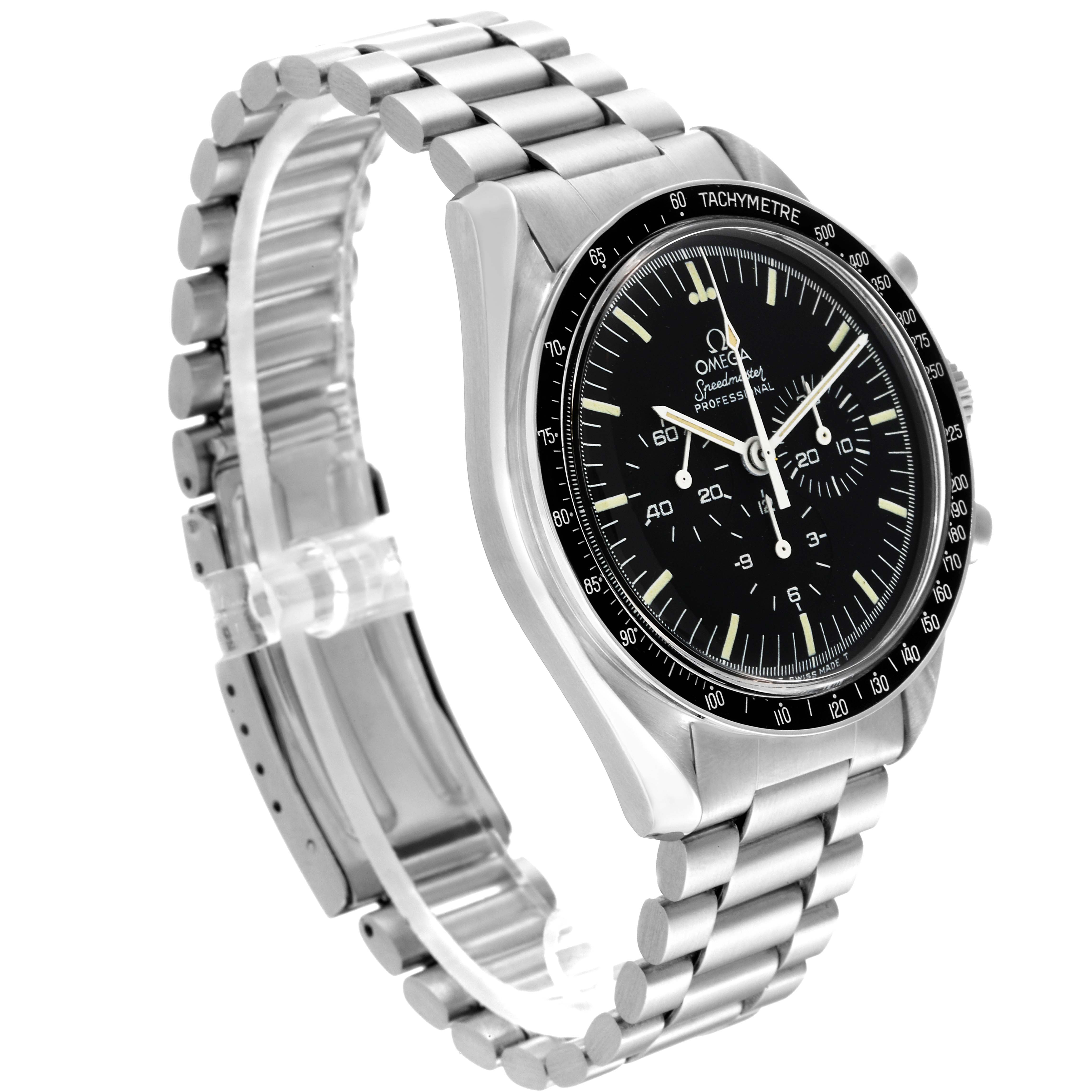 The Omega Speedmaster 145.022 Men
s Stainless Steel Black Dial 145.022 Men
s Stainless Steel Black Dial watch is shown at an angle highlighting its dial and stainless steel bracelet.