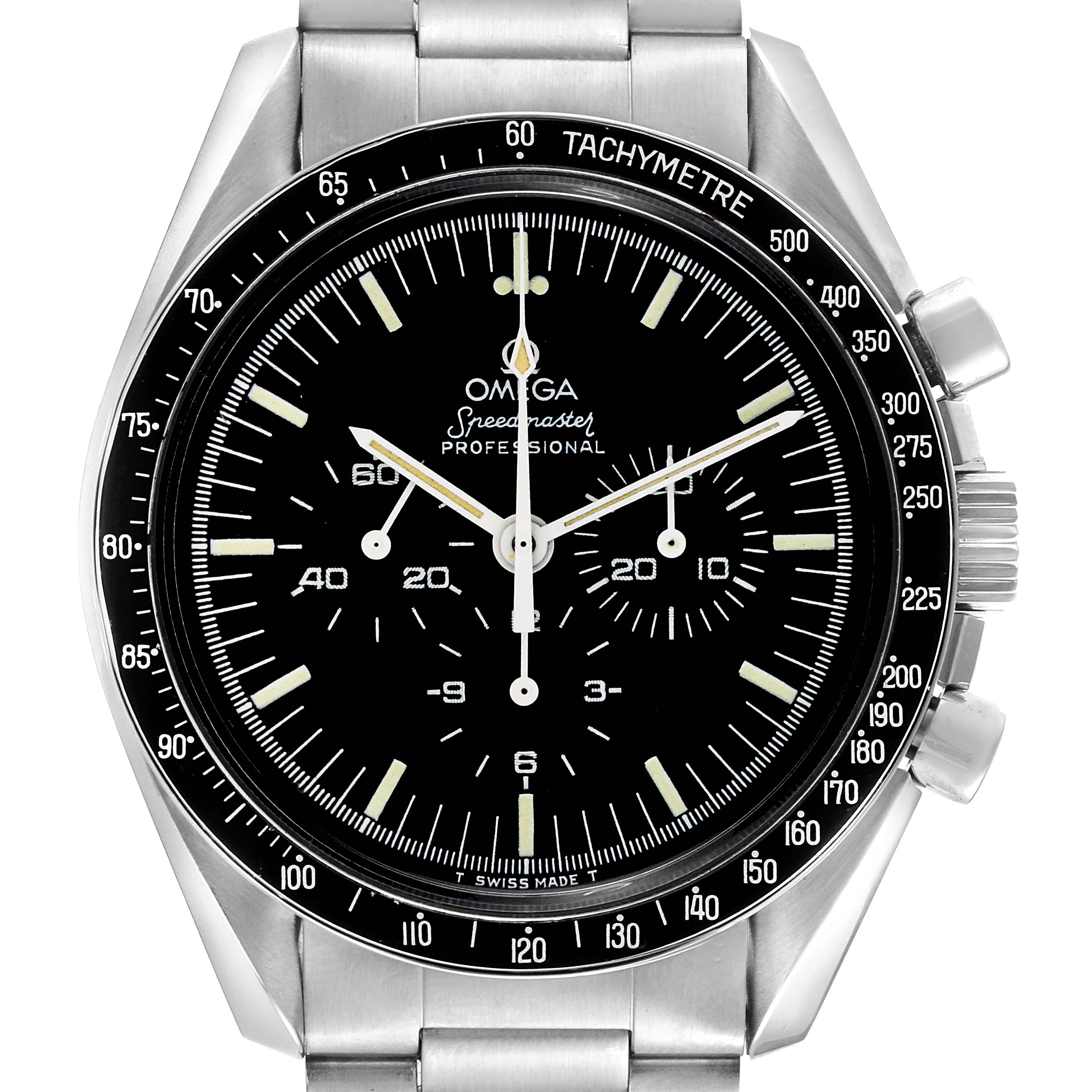 The image shows a front view of an Omega Speedmaster 145.022 Men
s Stainless Steel Black Dial 145.022 Men
s Stainless Steel Black Dial Professional watch, displaying the dial and tachymeter bezel.