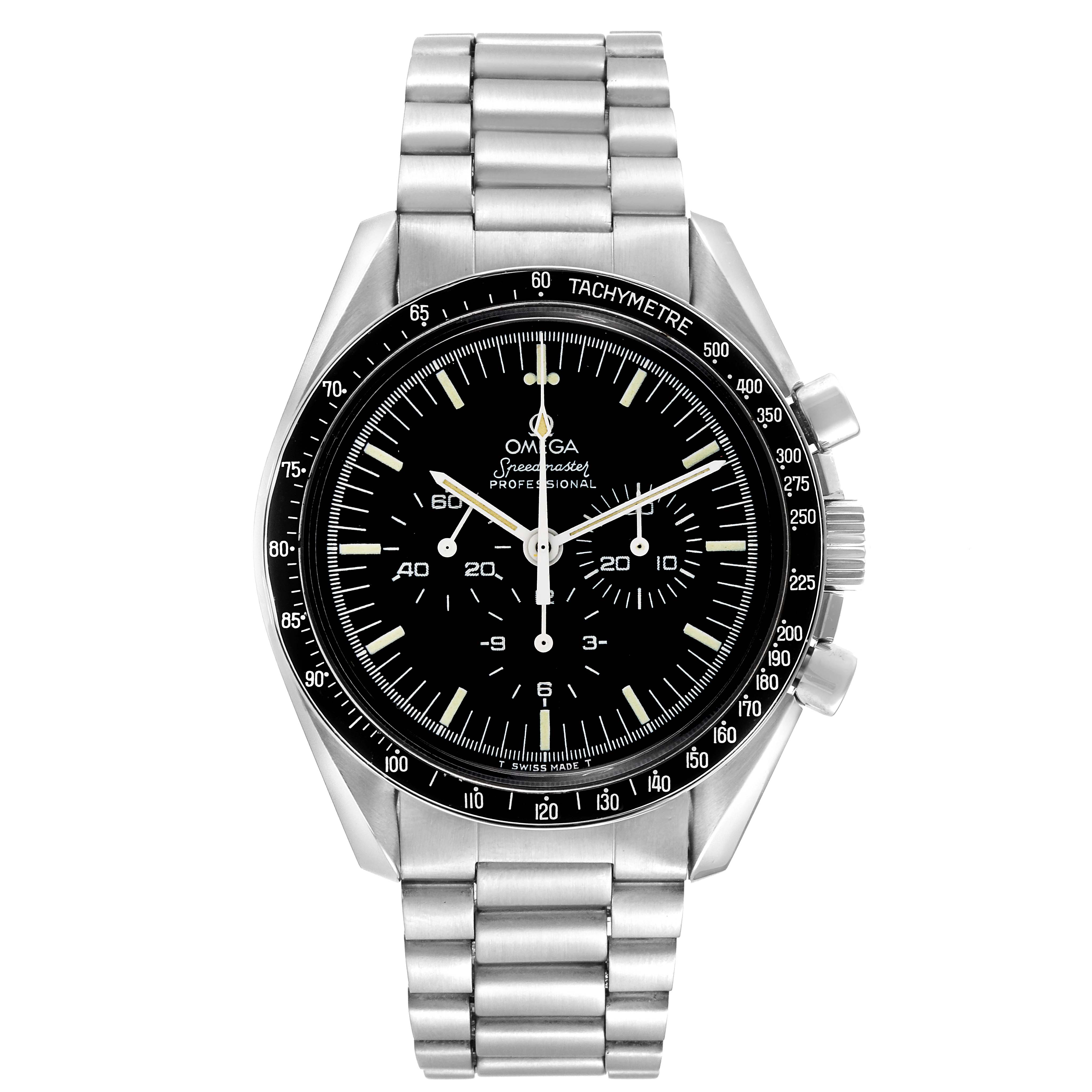 The Omega Speedmaster 145.022 Men
s Stainless Steel Black Dial 145.022 Men
s Stainless Steel Black Dial watch is shown from a direct front view, displaying its dial, bracelet, and tachymeter bezel.
